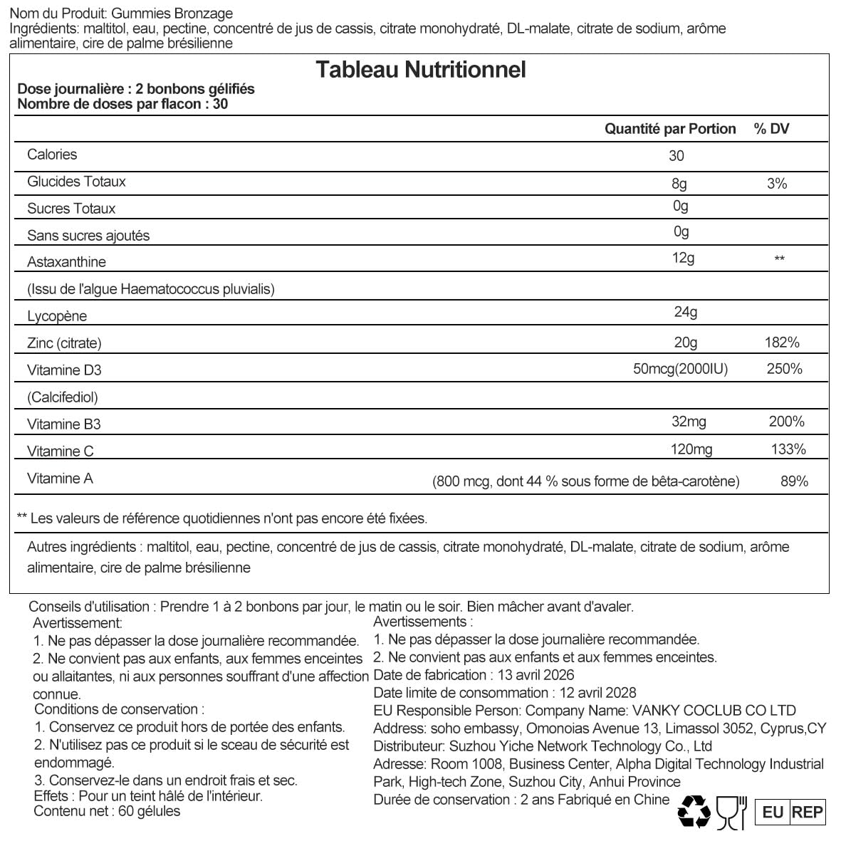 2026 Nouveau Gummies Bronzage pour Hommes et Femmes Gommes de Bronzage Rapide Sans Soleil Hydrate la Peau et Lui Redonne Son Éclat Naturel