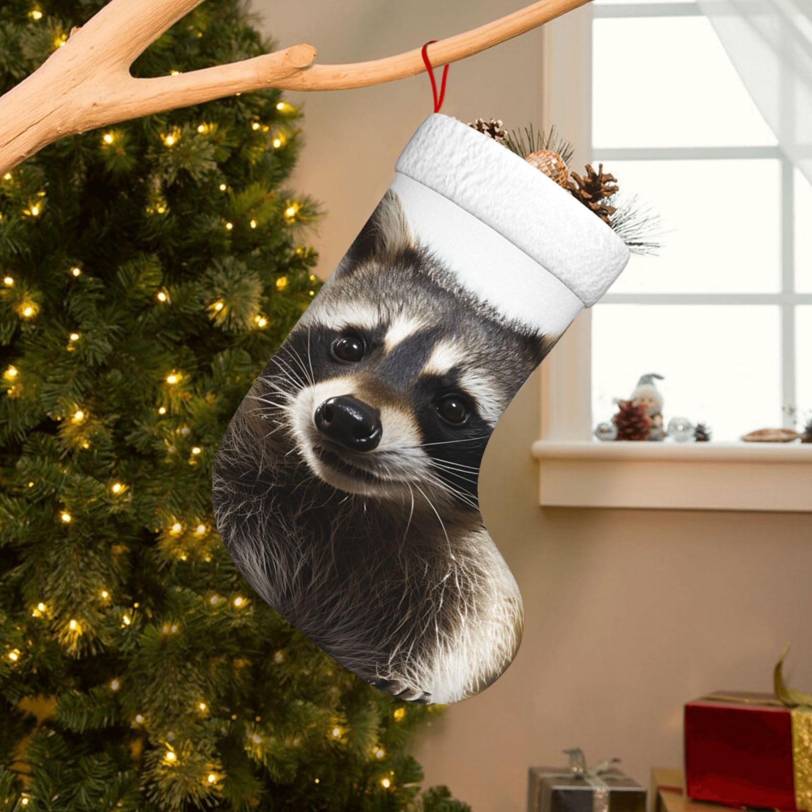 Velvet Christmas Stockings 17.7 Inch, Hairy Raccoon Xmas Stocking with Soft Cuff,Classic Personalized Christmas Tree Decoration for Family Holiday New Year Party Supplies