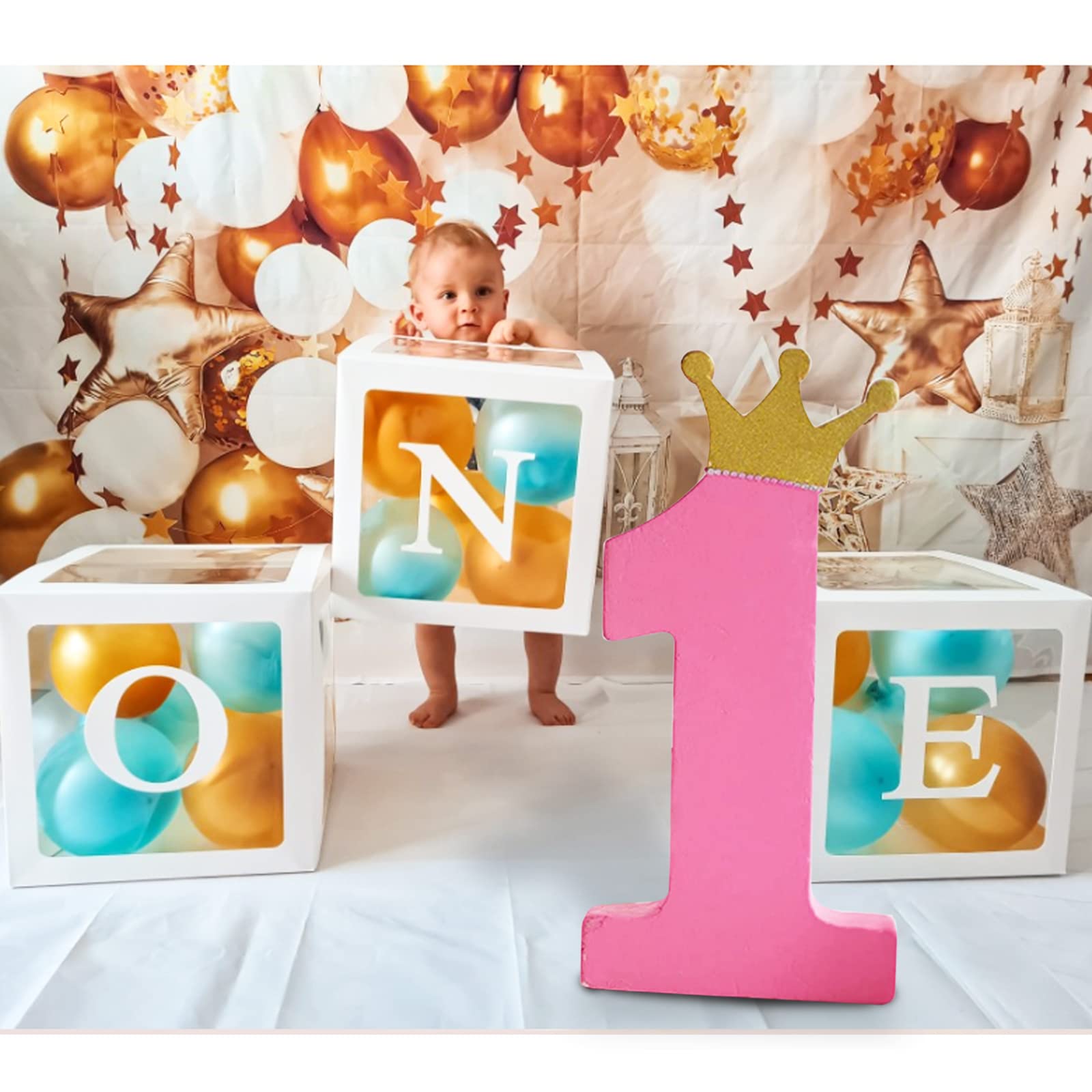 1st Birthday Balloon Box Decoration for Boys, 3 Piece Transparent Balloon Boxes with Letters ONE, First Birthday Box with Pink White Balloons for Baby Shower 1st Birthday Background Decoration