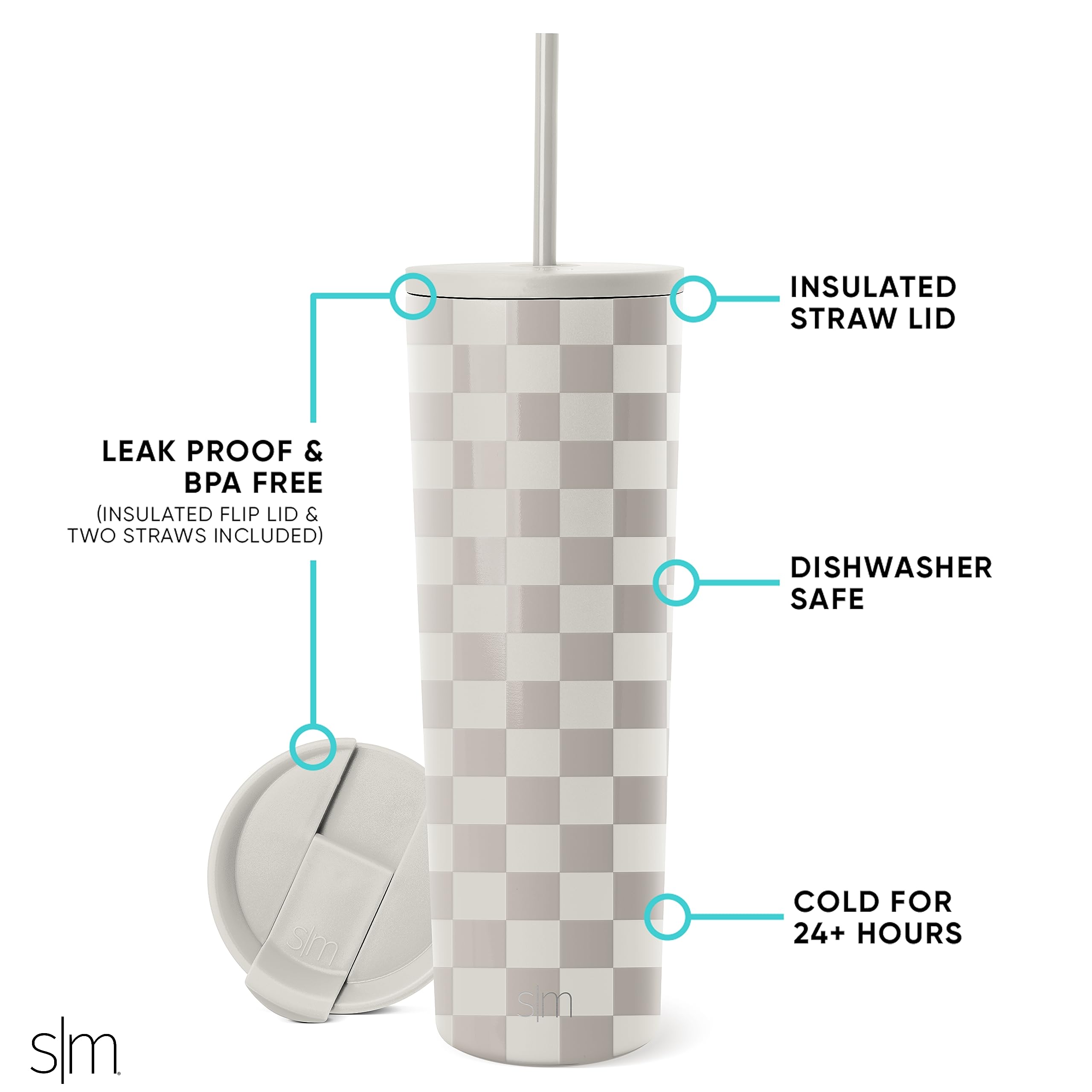 Simple Modern Insulated Tumbler with Lid and Straw, Pattern: Checkmate, 830 ml - Image 2