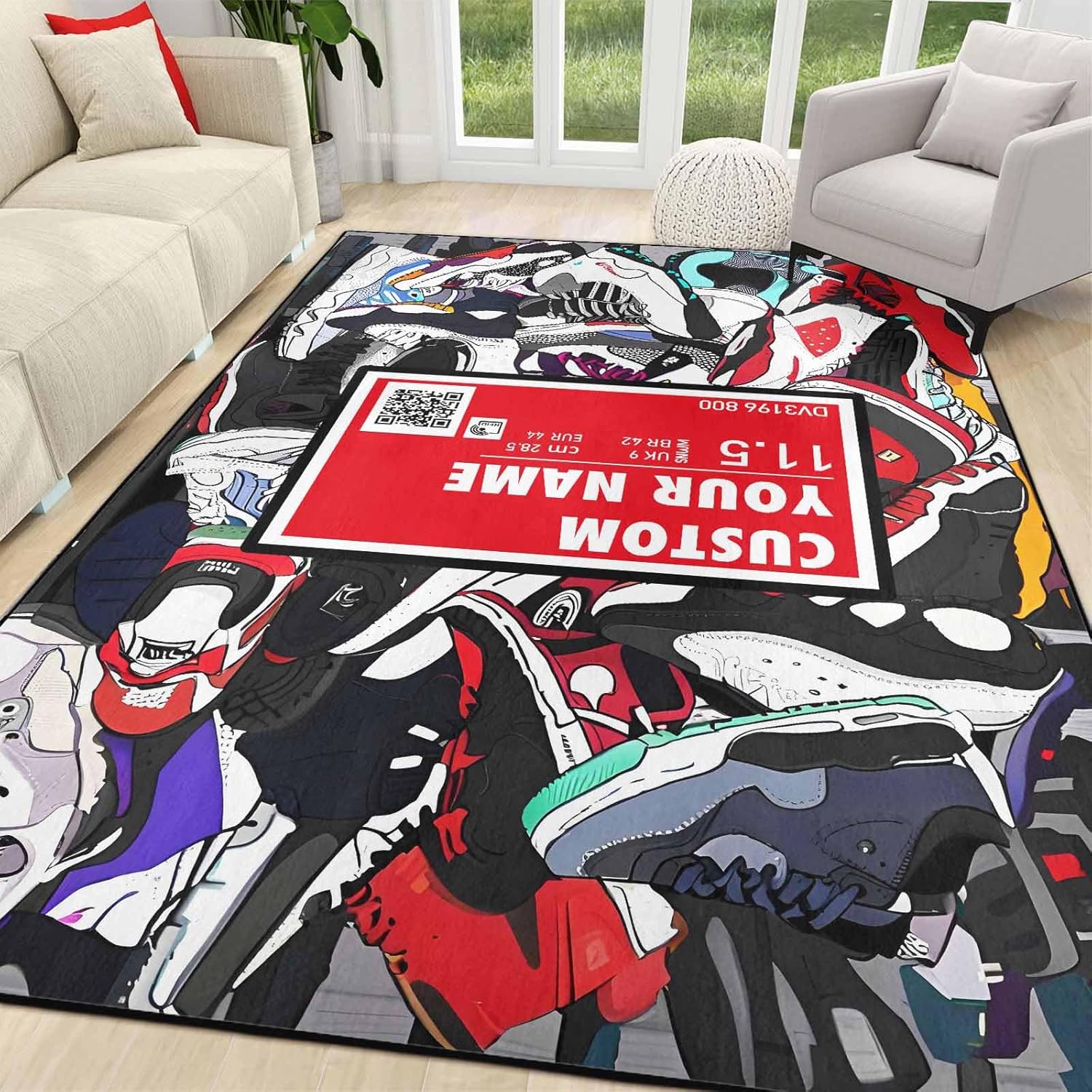 Custom Sneakers Collection Area Rugs with Text for Bedroom Living Room Personalized Street Cool Floor Mats Carpet for Home Decor Custom Non-Slip Carpet Indoor Mat Made in USA