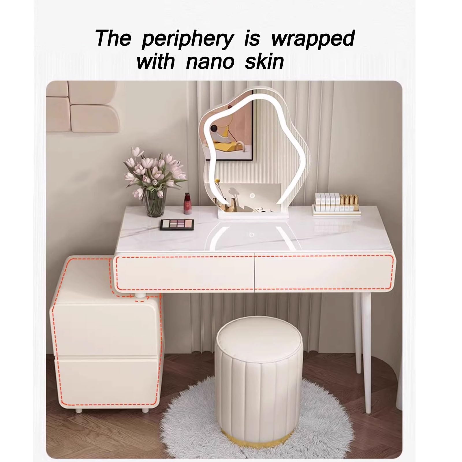 Toeletta da Trucco con Sgabello Tavolo Cosmetici, Liberamente a Scomparsa, Salvaspazio, con Cassetti In Legno Massello e Specchio Per Trucco Smart a Led a Forma di Nuvola ( Color : White , Size : 100C
