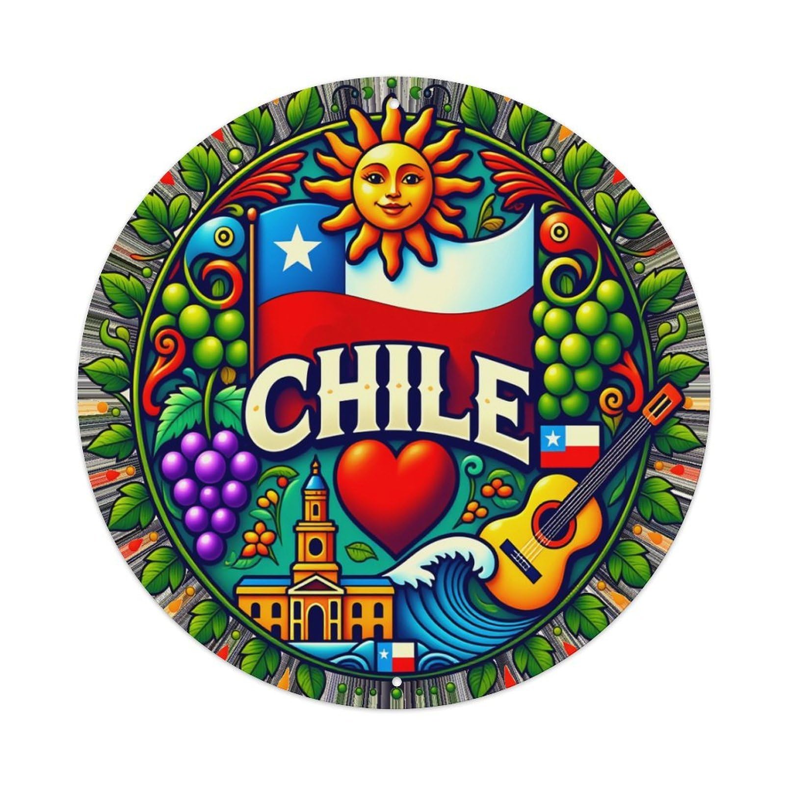Chile Flag Sun Heart Guitar Round Tin Sign Retro Metal Sign for Cafe Bar Pub Home Game Room Gym Club Wall Decoration Vintage Metal Poster 8x8 Inch