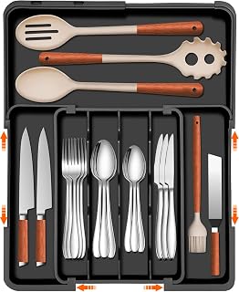 Spaclear Expandable Silverware Organizer - Adjustable Kitchen Drawer Tray for Flatware Utensils, 4-7 Compartments, Anti-Slip Black