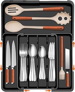 Silverware Organizer - Expandable Kitchen Drawer Organizer, Utensil Drawer Organizer, Adjustable Plastic Flatware and Cutlery Holder, Kitchen Organizers Storage for Forks Knives, Black