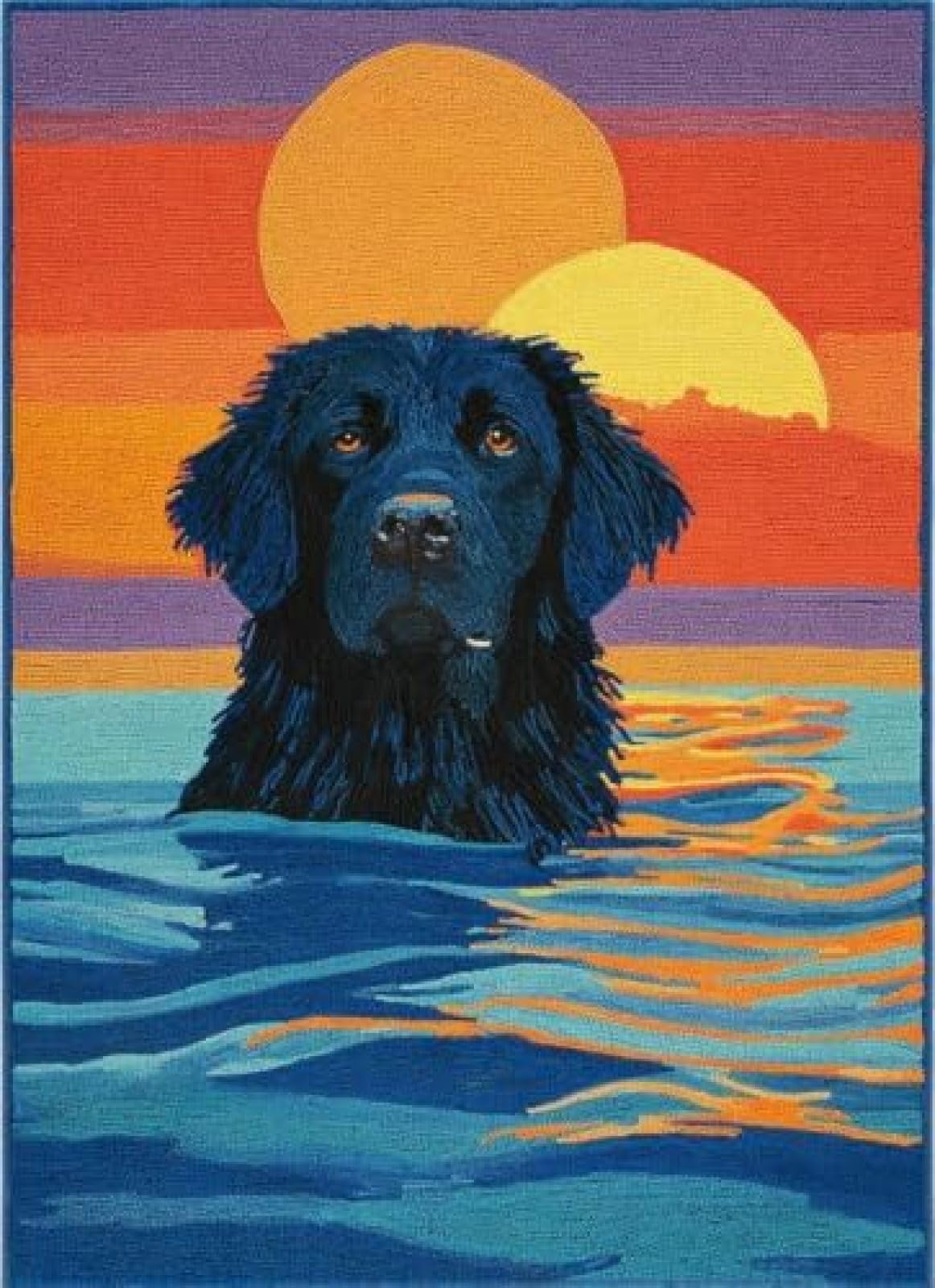 XDEGHUANGSS Latch Hook Rug Kit Flat-Coated Retriever Swimming Seaside Cushion Cover DIY Craft Set Pre-Printed Mat 38x52cm for Home Decor