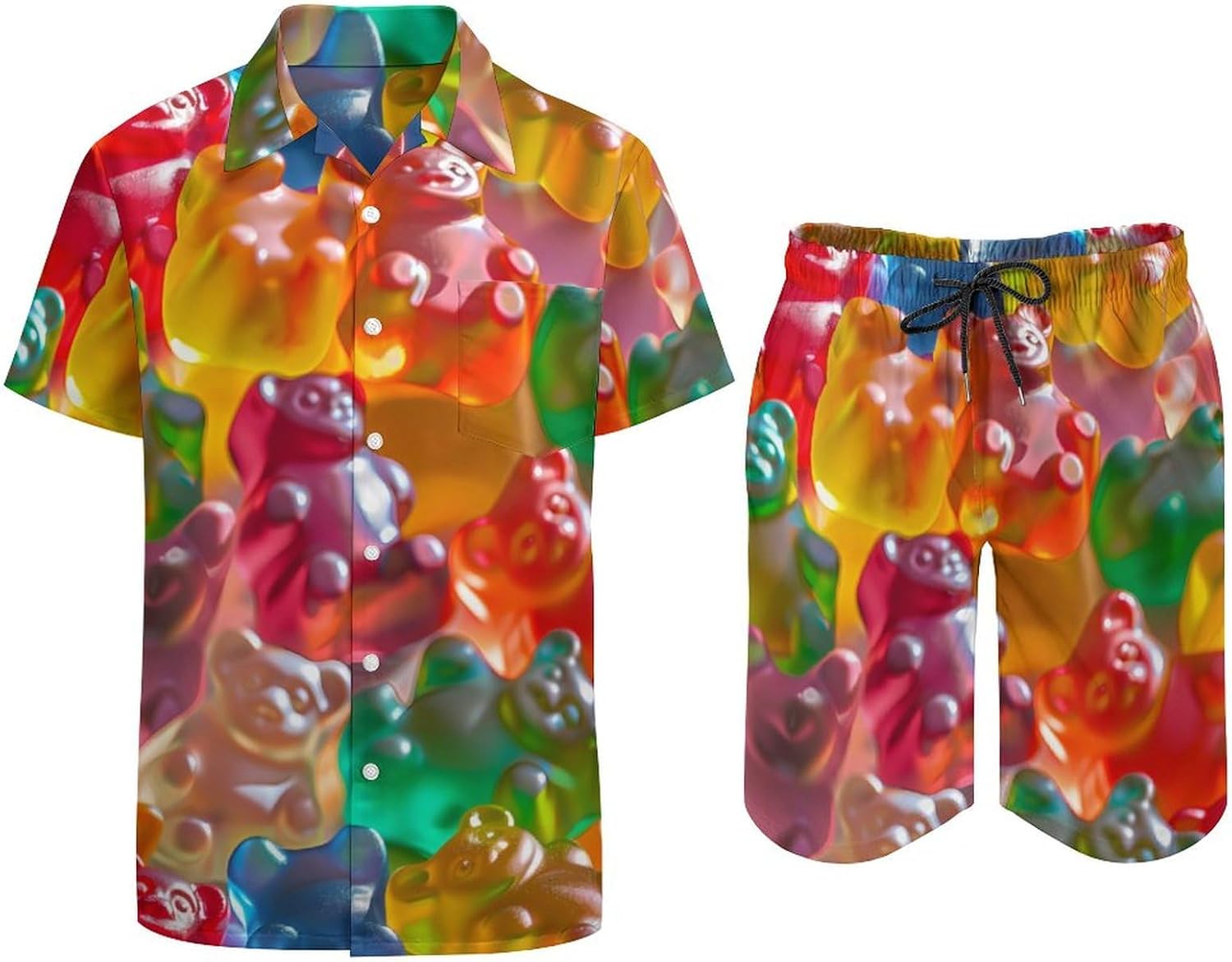 Colorful Gummy Bears Men's Summer Beach Outfits Shirt And Shorts Set 2 Piece Vacation Swimwear