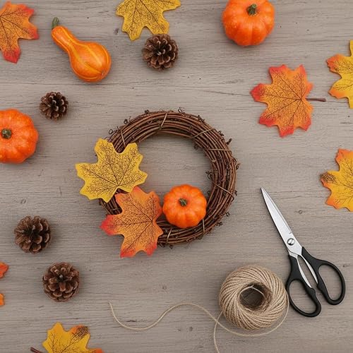 Miniatura 4 de DomeStar Calabazas para decorar 8 mini calabazas falsas surtidas, 30 hojas de otoño, 10 bellotas, 2 conos de pino, 12 coronas de vid naturales para