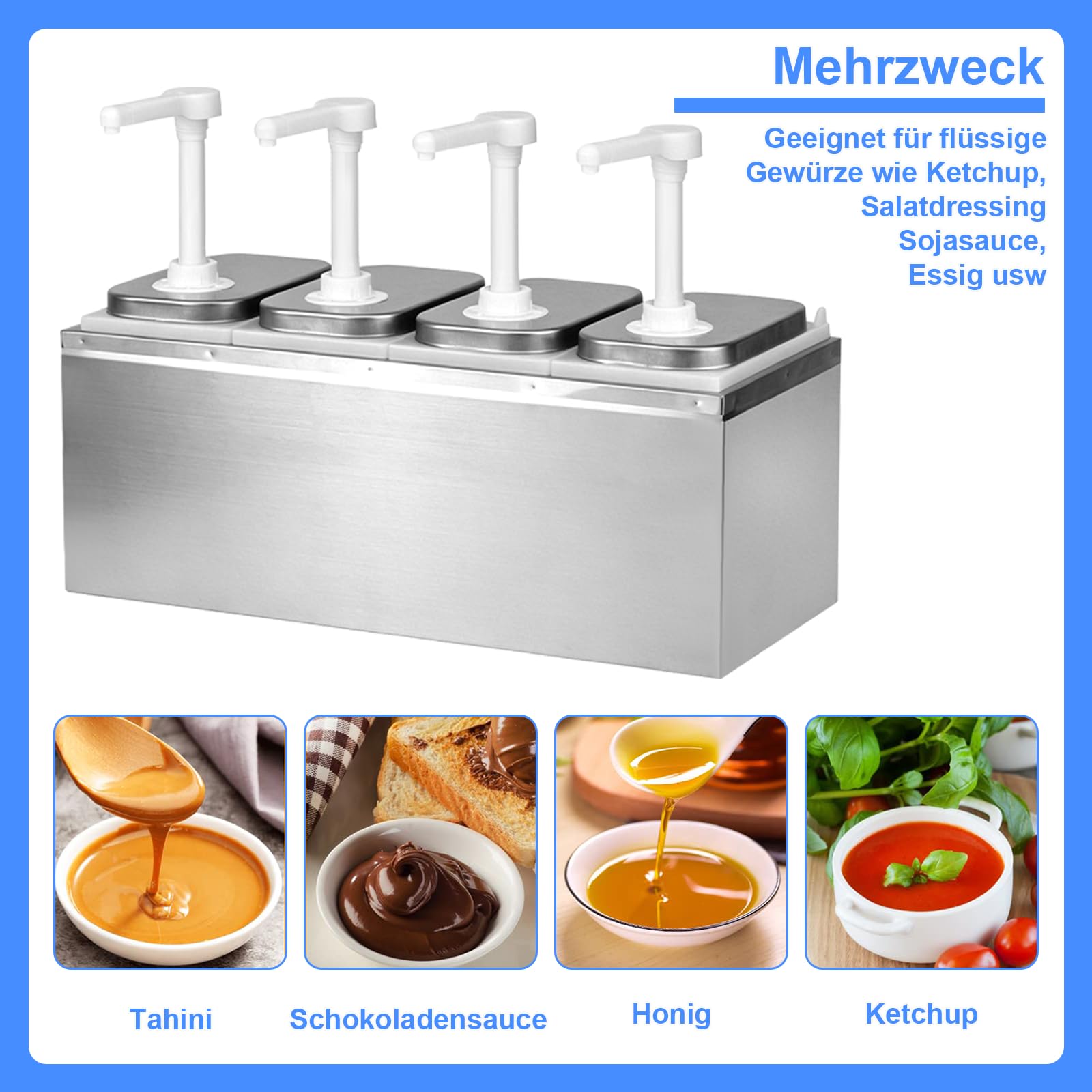 8L Ketchup Spender, Saucenspender mit 4 Pumpen, 8 Etiketten, Abnehmbar, Edelstahl-Gewürzpumpstation Küchensoßenspender, Salat Marmeladen Gewürz Gewürz Quetschpumpenbehälter für Küche und Restaurant