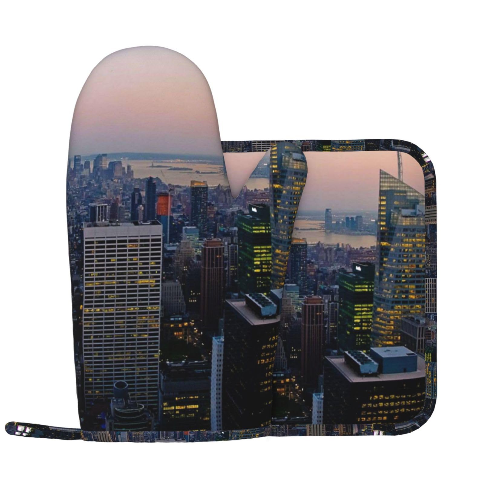 Ensemble Gants Et Maniques De Cuisine Imprimé New York - Antidérapants, Résistants à La Chaleur - Lavables - Pour Four, Barbecue