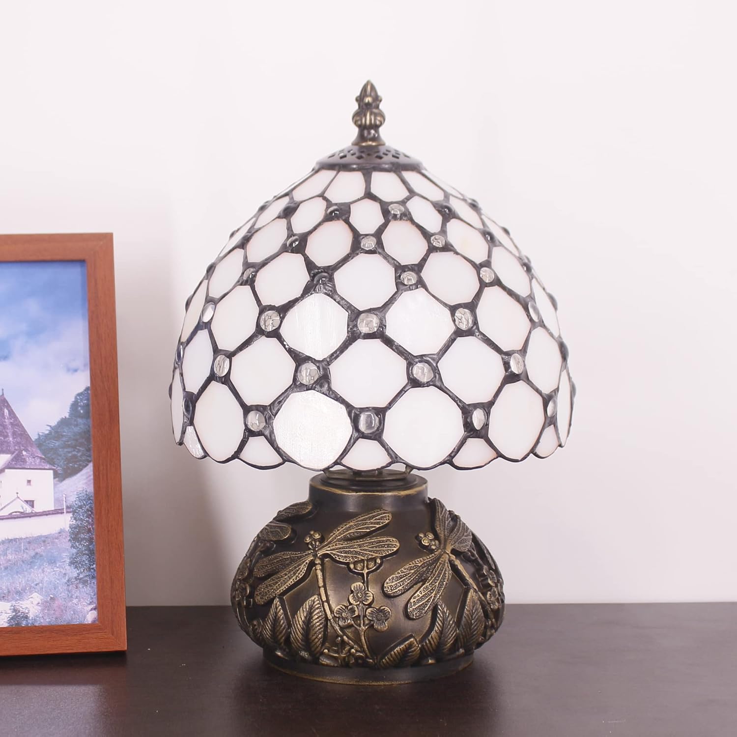 Small Tiffany Lamp Mini Stained Glass Table Lamp Cream Pearl Beads Style Mushroom Desk Light Memory Sympathy Lamp 8X11 Inch