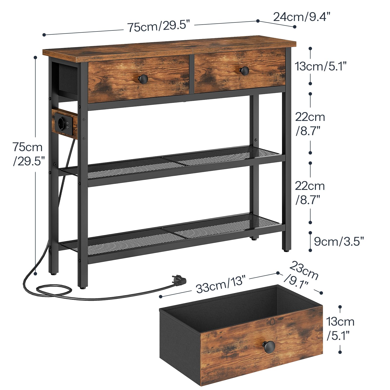 HOOBRO Mesa de Consola de 75 cm, Mesa de Entrada con Regleta, 2 Cajones de Tela, Estantes de Rejilla Metálicas, Expositor, para Entrada, Pasillo, Sala de Estar, Marrón Rústico y Negro EBF72CXG01