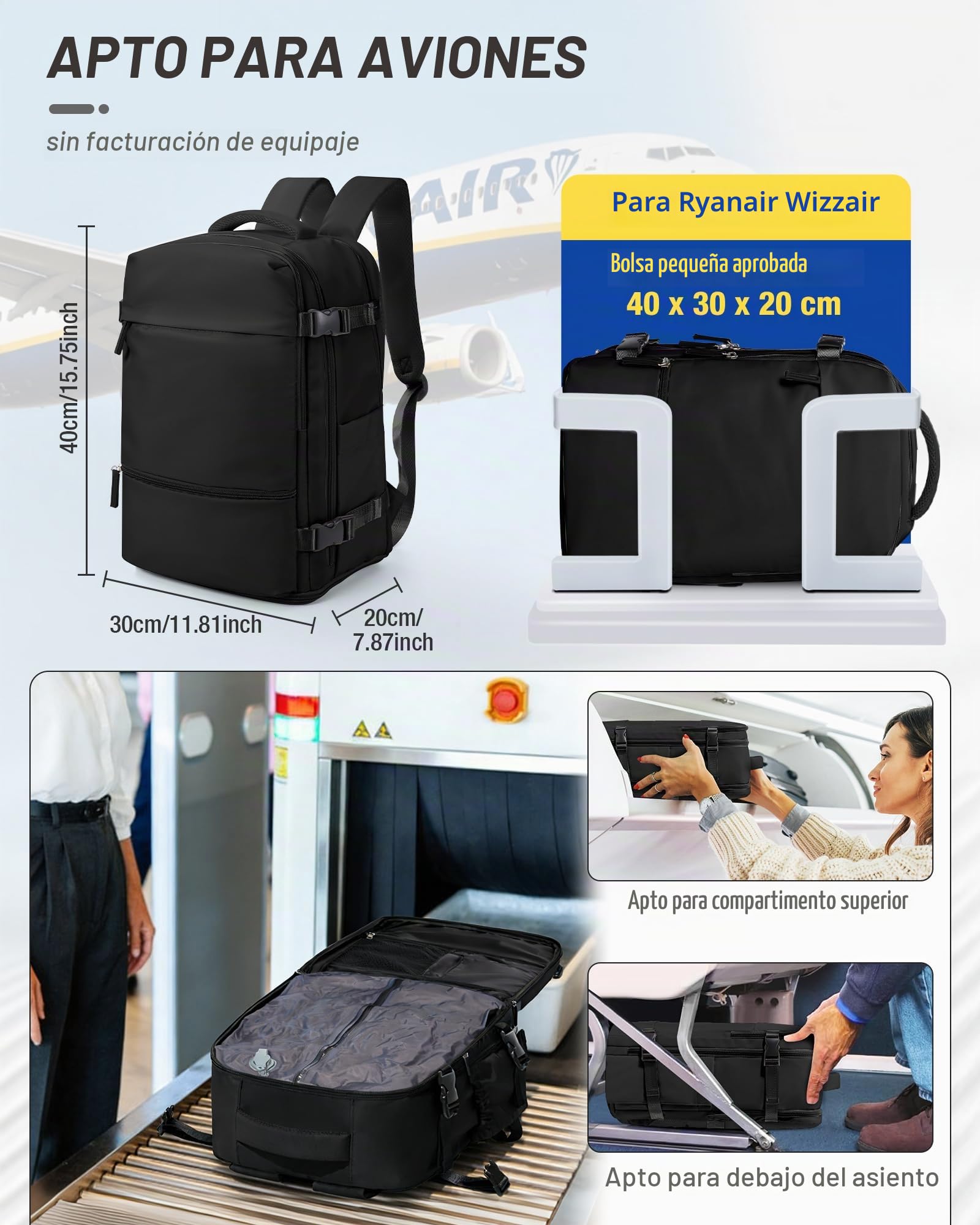SEAFEW Mochila de Viaje al Vacío con Bomba Cabina Avion 40x30x20 Mochilas para Ryanair Bolsa de Cabina Easyjet Equipaje de Mano Mochila de Senderismo Impermeable Cabina Mochila para Mujer,B01-Negro
