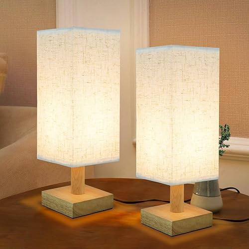 Miniatura 15 de Lámpara de mesita de noche pequeña para dormitorio, base de madera redonda natural y pantalla de lino de tela, acogedora luz de mesa nocturna