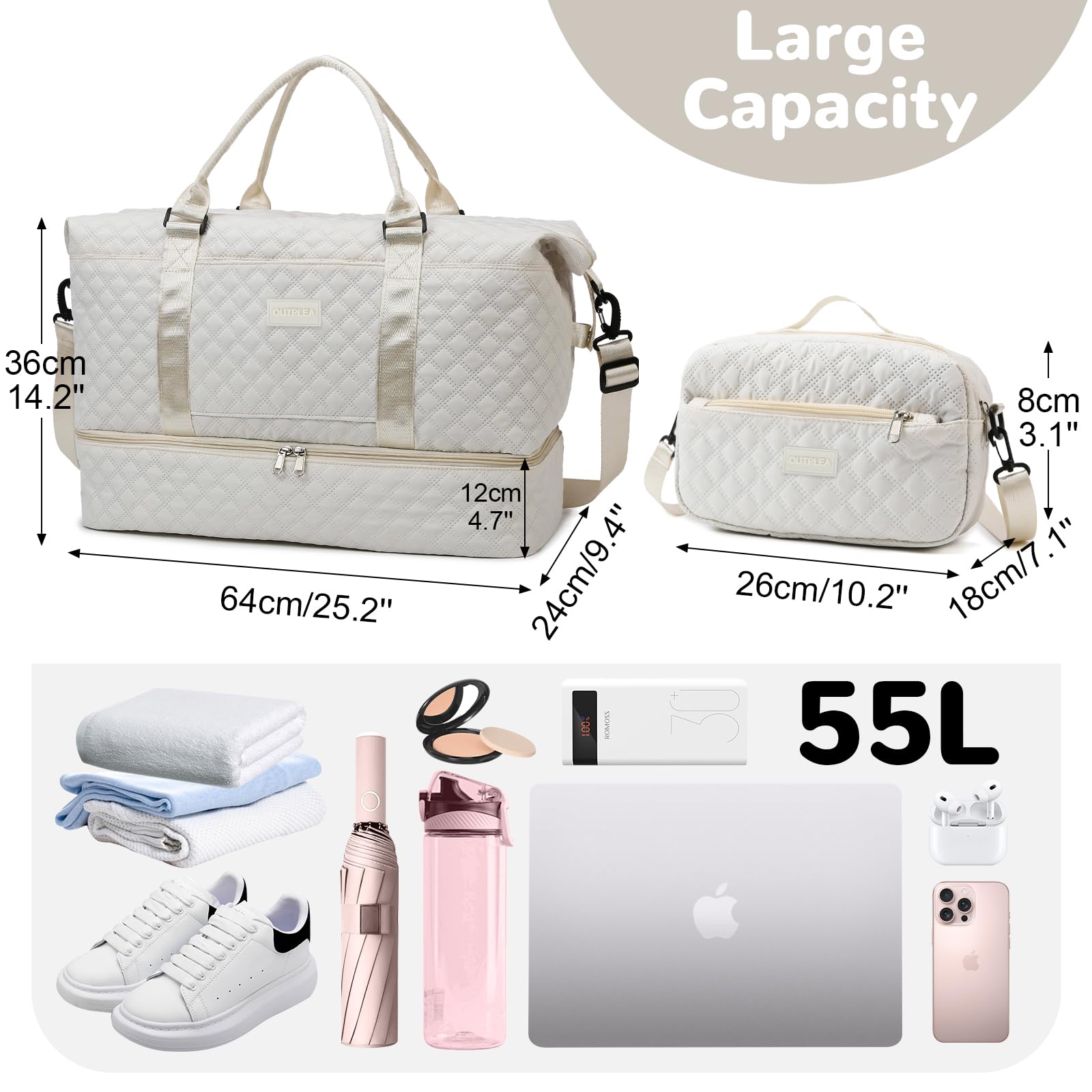 55L Borsone Viaggio Grande, Borsa Sportivo con Scomparto per Scarpe, Borsa Parto Ospedale Mamma Leggero con Borsa da Toilette per Campeggio Yoga Nascita, Bianco