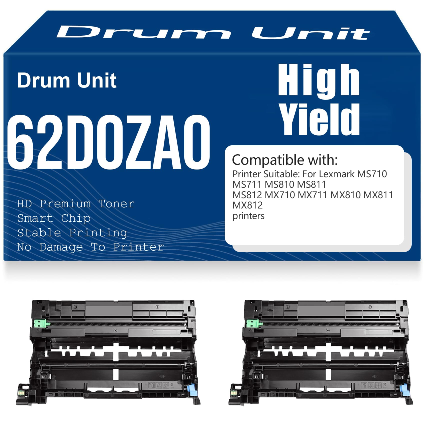 Unità tamburo per MS710 MS711 MS810 MS811 MS812 Compatibile Tamburo di stampa 62D0ZA0 per Lexmark MX710 MX711 MX810 MX811 MX812 Stampanti Alta resa 100.000 pagine,2PC-Black