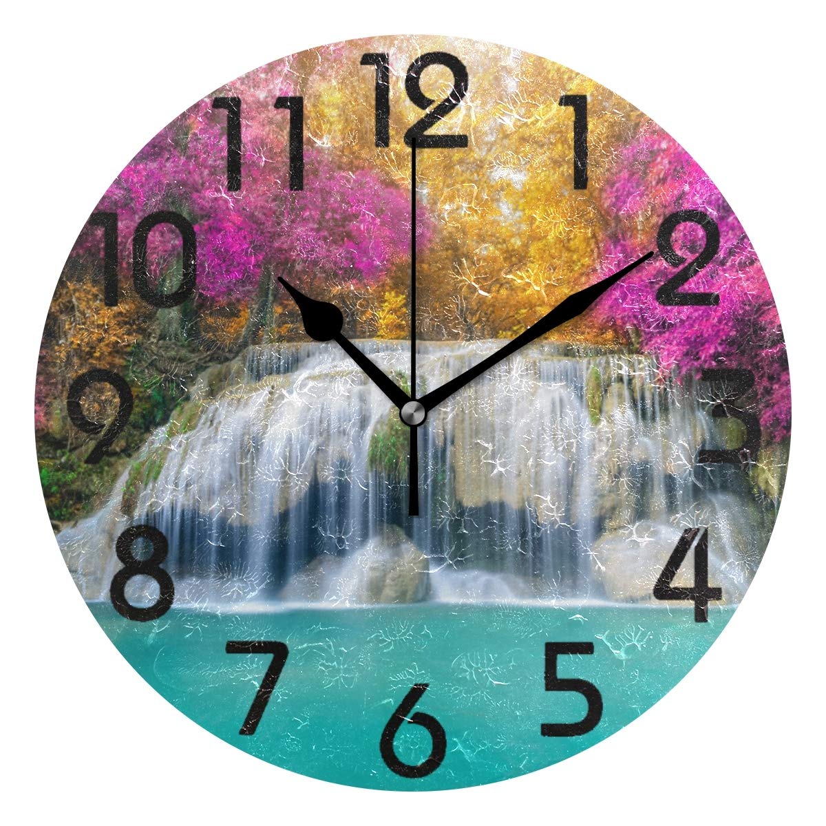Naanle 3D Beautiful National Park Waterfall in Autumn Forest Print Round Wall Clock, 9.5 Inch Battery Operated Quartz Analog Quiet Desk Clock for Home,Office,School