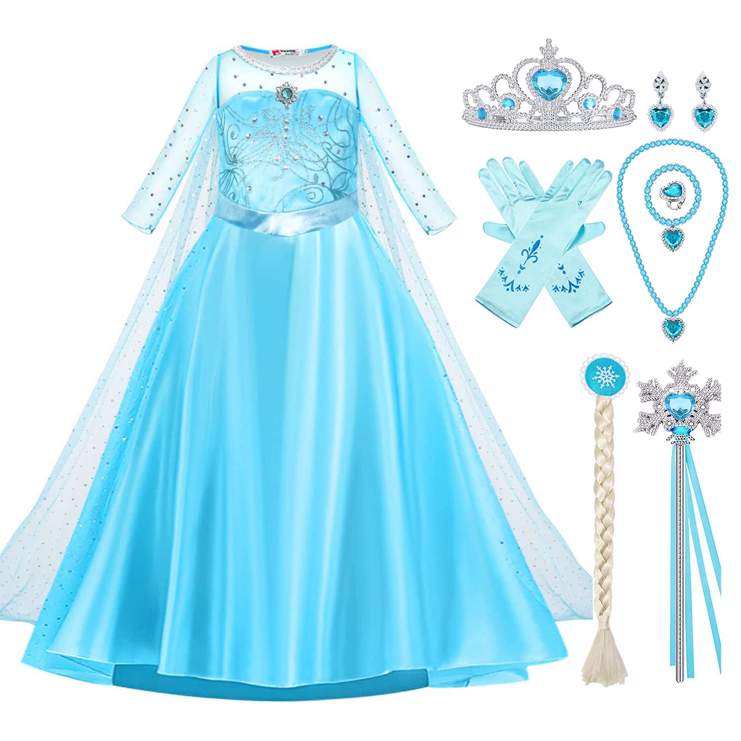 Beejirm Elsa Dress Princess Costume, Elsa Costume Elsa Dress Up for Girls Frozen Princess Dress Up with Fairy Wand and Crown Tiara Fancy Dress for Girls Party Halloween Christmas Party/Pageant