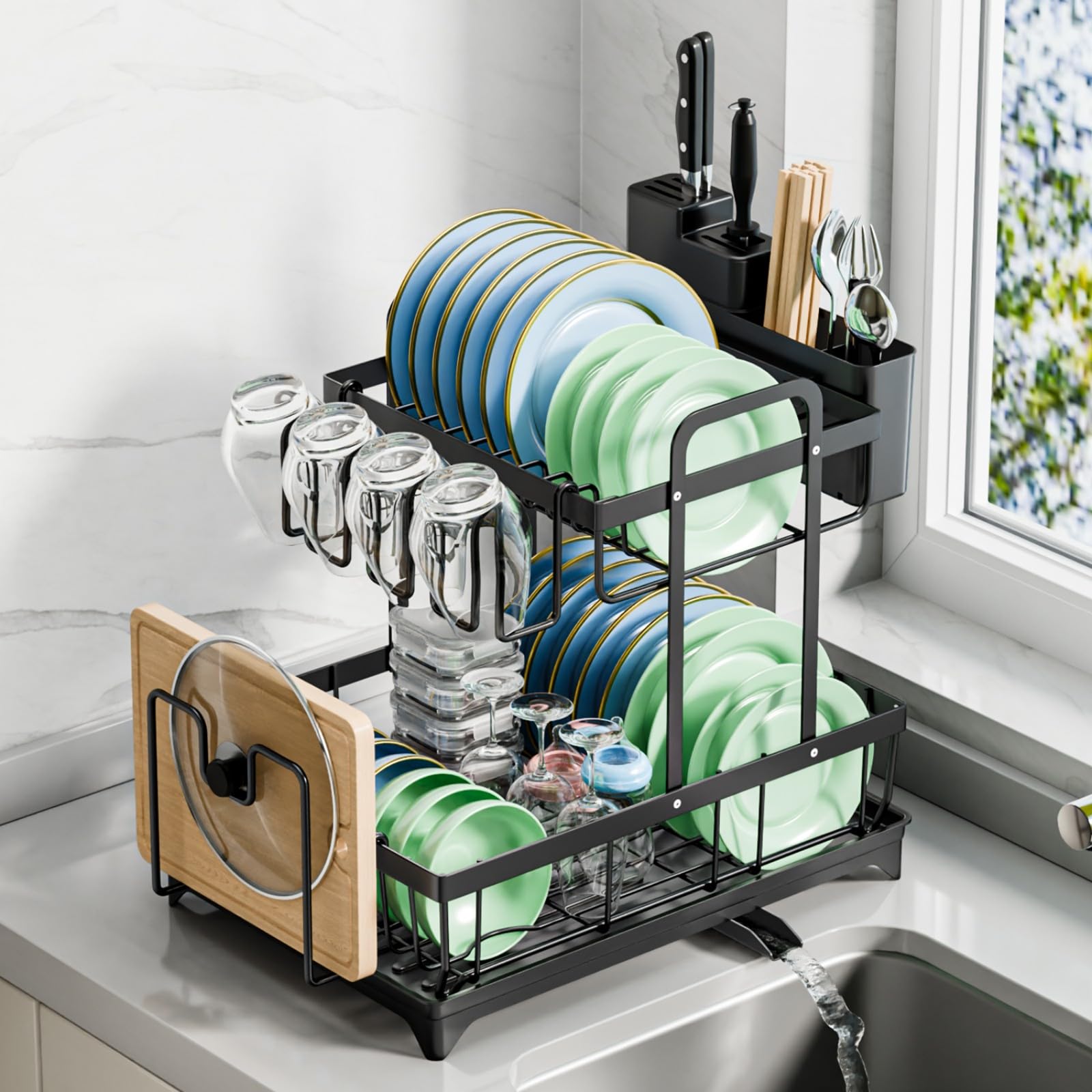 Multibao 2‑Tier Fixed‑Screw Black Stainless Steel Dish Drainer Rack – 201 Stainless Steel | Extendable Shelf | Chopping Board, Cutlery & Cup Holder | 360° Drain Spout
