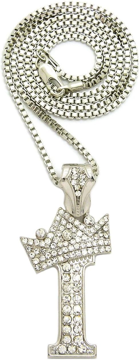 Fashion 21 Iced Out King Crown Alphabet Initial Pendant 2mm 24" Box Chain Necklace in Gold, Silver Tone (I - Silver)