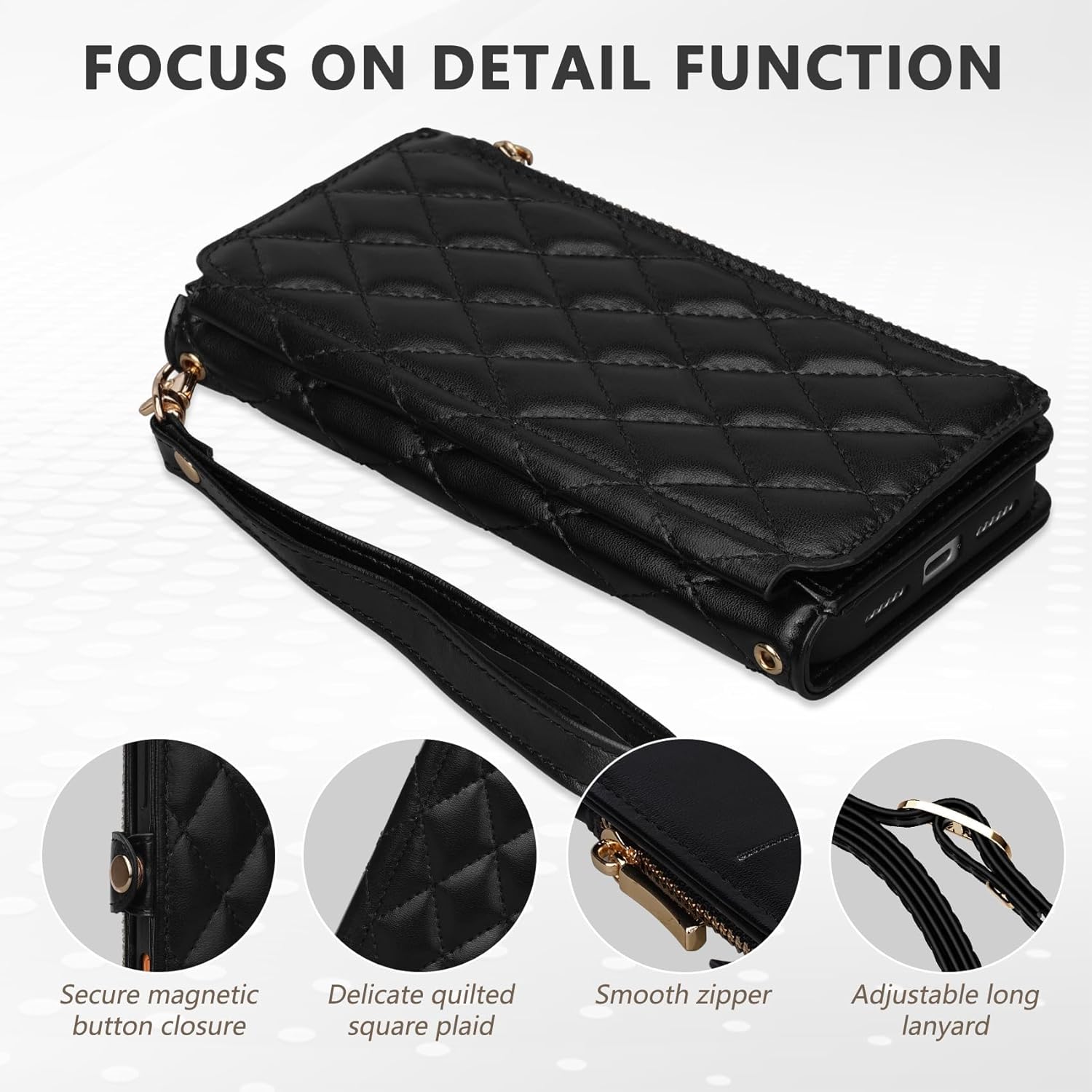 Rssviss Crossbody Wallet Case for iPhone 17 Pro Max 6.9", with Make Up Mirror, Wrist Strap, Zipper Purse Magnetic Flip, RFID Blocking Card Holder Kickstand, PU Leather Shockproof Women, Black