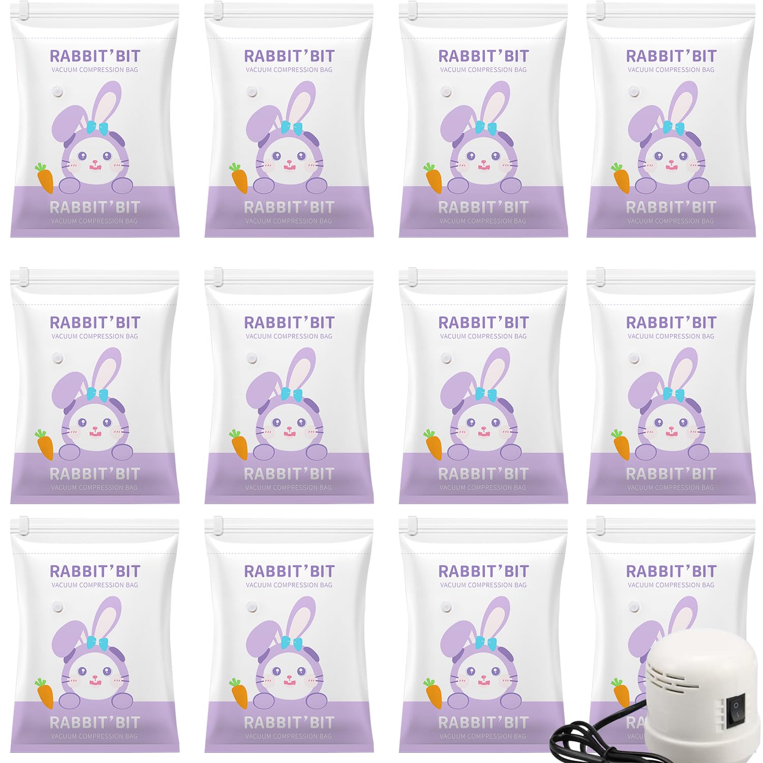 12 Pack Vacuum Storage Bags with Electric Pump,Space Saver Bags with 3 x Jumbo,3 x Large,3 x Medium,3 x Small,Reusable Compression Bags for Travel,Clothes,Quilt,Pillows,Duvet (12Pack,Rabbit) 12 Pack Rabbit