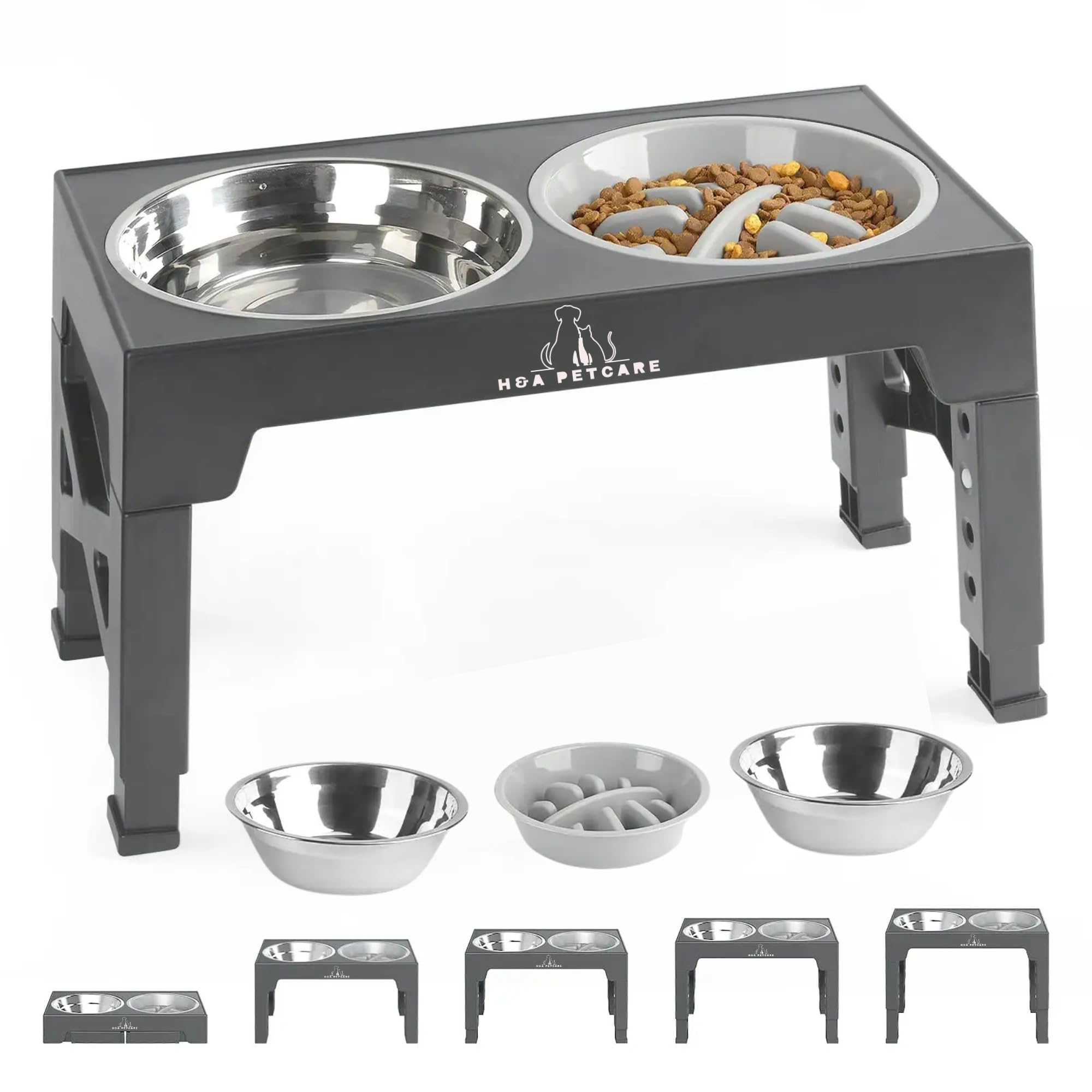 H&A PETCARE 3-in-1 Raised Dog And Cat Bowl: Elevated Feeding Bowl with Slow Feeder, Non-Spill Water Dispenser, and 4 Adjustable Heights – Perfect for Small, Medium, and Large Dogs and Cats" (White)