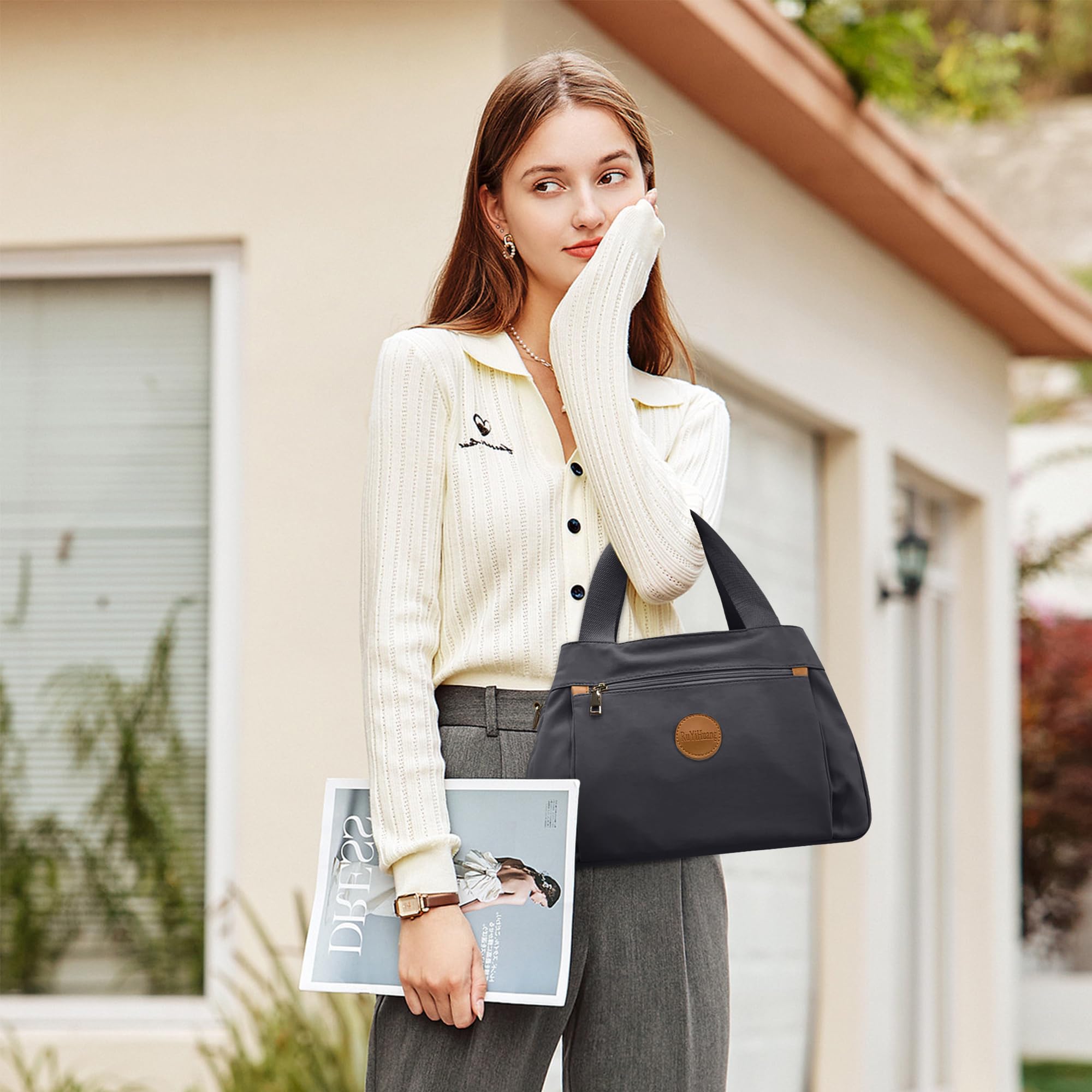DIRRONA Borsa A Tracolla Donna - Borsa A Mano Multitasche Grande, Con Cinghia Regolabile E Manico Superiore, In Nylon Lavabile, Per Scuola, Lavoro E Viaggio - Borsa Moda Donna Grigio freddo