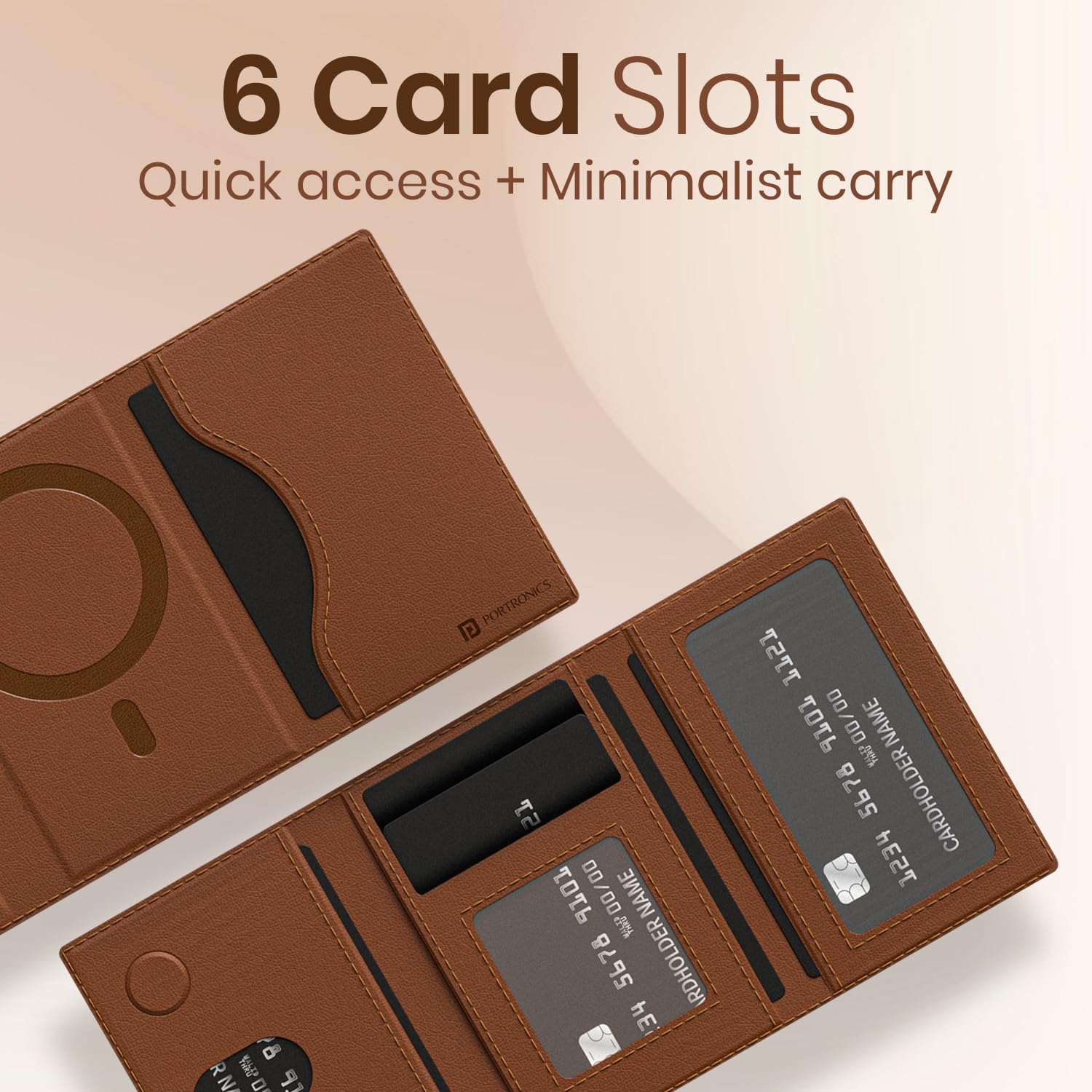 Portronics Wallet X Tri-Fold Magnetic Wallet with 6-Card Holder, RFID Blocking, PU Premium Leather,Ultra Slim Design, Compatible with iPhone 16/15/14/13/12 & Metal Ring for Non Magnetic Phone(Brown) — Amazon image 4