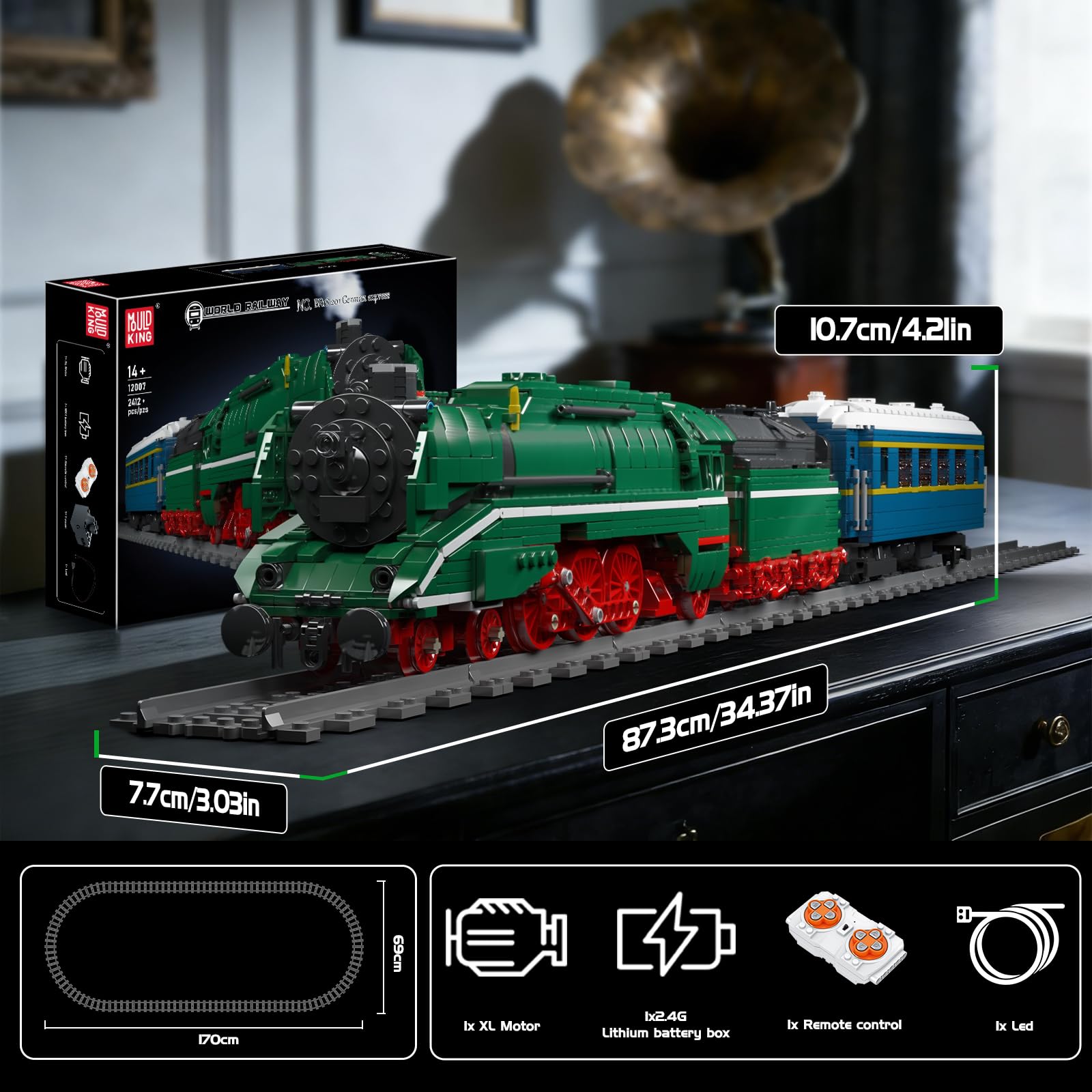 Mould King 12007 Technik Zug Bausteine Modell, 2412 Teile Ferngesteuertes Zug Blockmodell mit Fernbedienung und App Dual Control, Train Eisenbahn Kit als Spielzeug und Geschenk (14 Jahre und älter)