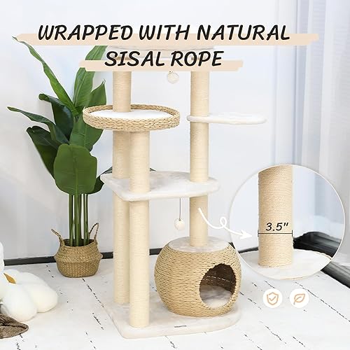 Miniatura 4 de KAMABOKO Árbol moderno para gatos, 53 pulgadas de alto para gatos de interior con postes rascadores de sisal natural, condominio tejido a mano y