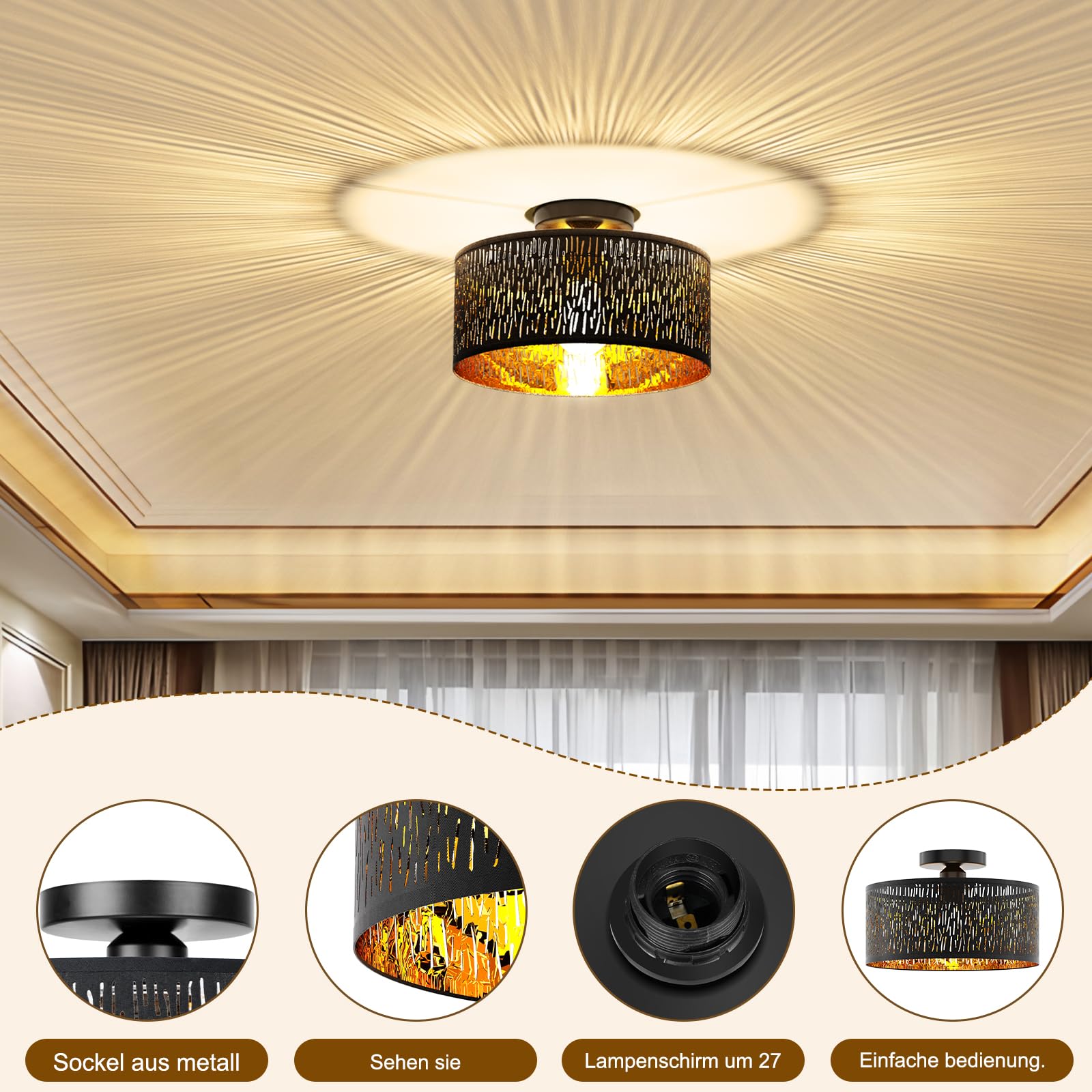 FRIDEKO HOME Deckenlampe Schwarz Durchbrochener Rund Ø30cm Deckenleuchte | E27 One Flammige Lampenschirm Lampe für Schlafzimmer Wohnzimmer Küche Flur