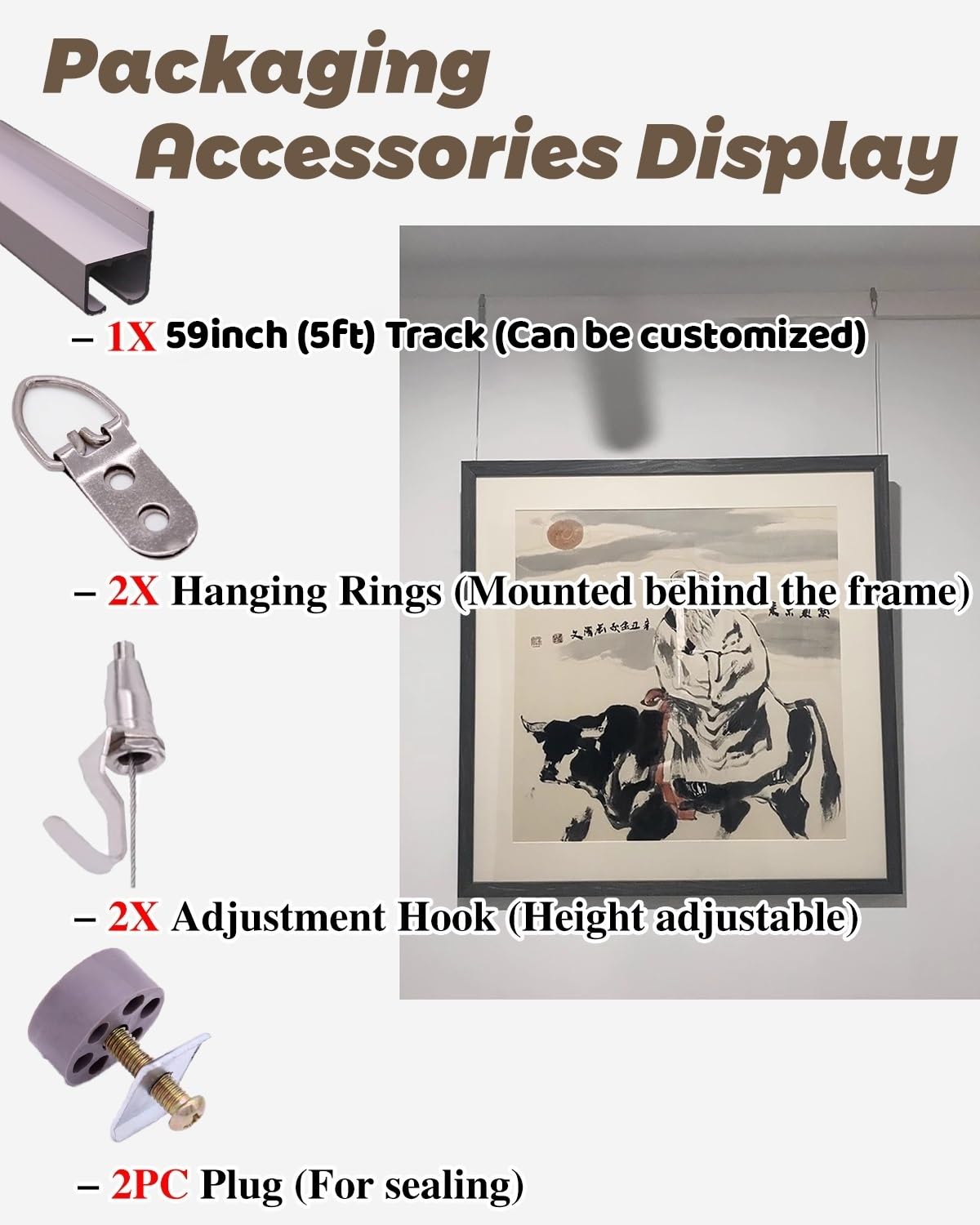 Rail d'accrochage pour tableaux, Kit de système de suspension for cimaises avec rails de 10 à 50 pouces et câbles de 19,6 à 118 pouces(30"/2.4' Track,78.7"/6.5' Cable)