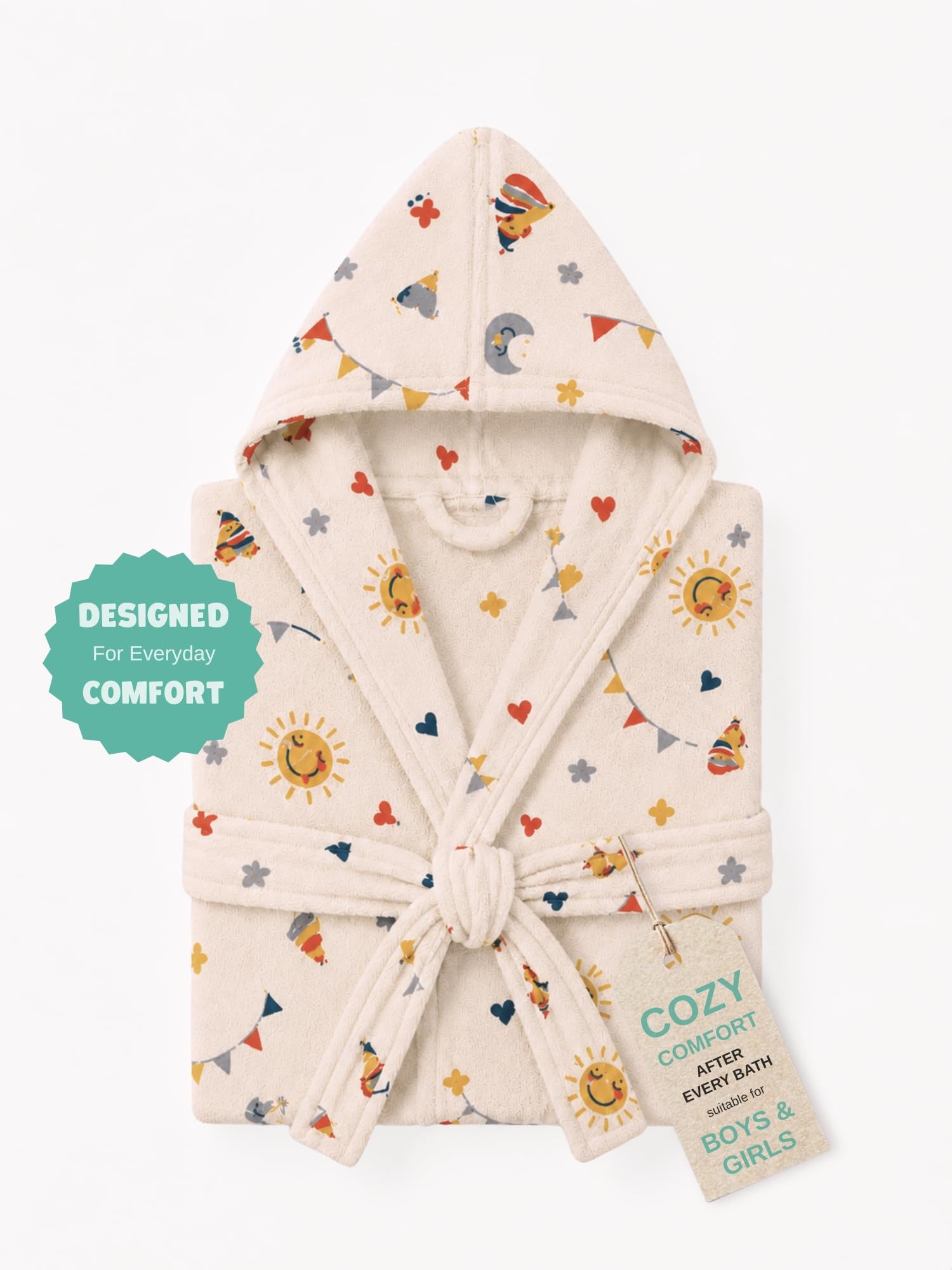 RANGOLI Premium Kids Unisex 100% Cotton Terry Hooded Bathrobe for Boys & Girls in 400 GSM with Full Sleeves, Knee Length & Elegant Printed Design (Beige-11 to 12 Years)
