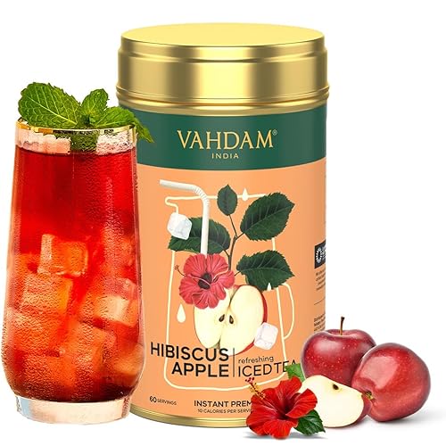 VAHDAM, Té helado de manzana hibisco premezcla instantánea  60 porciones (5.29 oz5.29 onzas) té helado ligeramente endulzado  Mezclado con hibisco