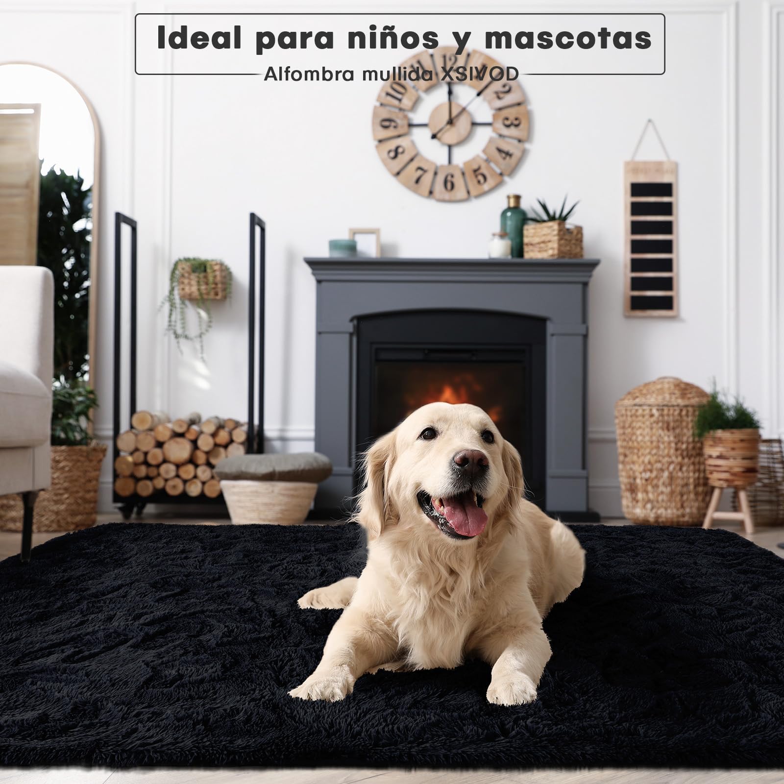 XSIVOD Alfombra mullida de pelo largo, color negro, lavable, 120 x 160 cm, para salón y dormitorio, antideslizante, moderna y suave para habitación infantil
