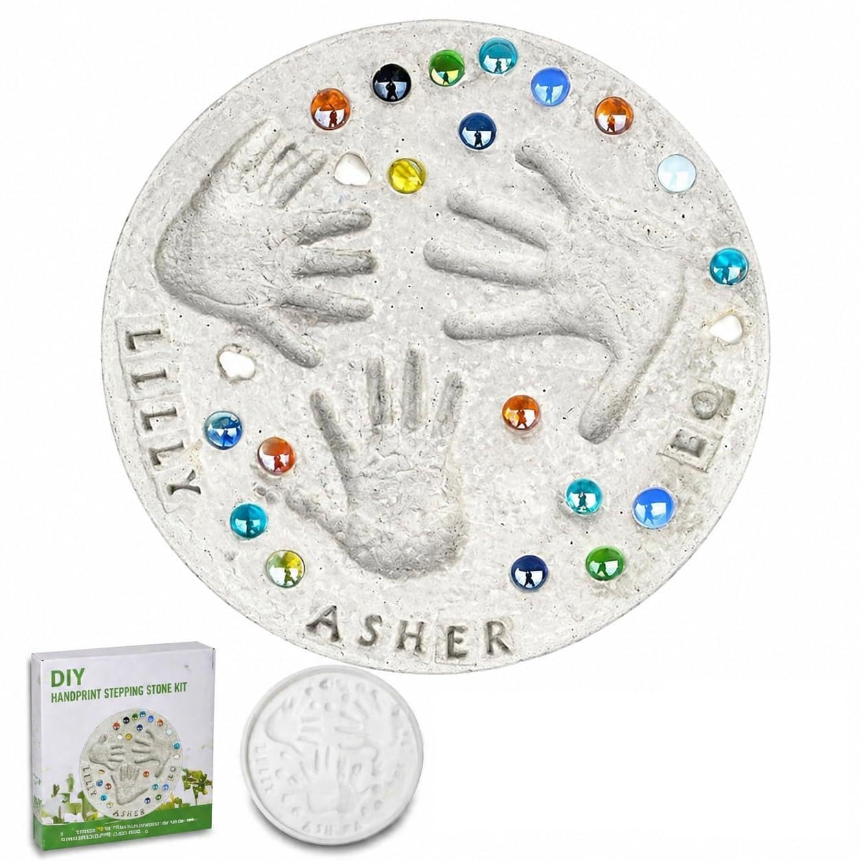 DIY Handprint Stepping Stone Kit, 14 in, Indoor Outdoor Family Keepsake Craft, Includes Mould, 26 Letter Stamps and Coloured Stones, Fits 3 Handprints