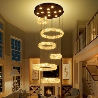 Black 138in Long Foyer Chandeliers for High Ceilings,Modern LED Dimmable Large 6-Ring Crystal Chandelier for High Ceiling Staircase, 2-Story Foyer, Double-Height Living Room,Entryway