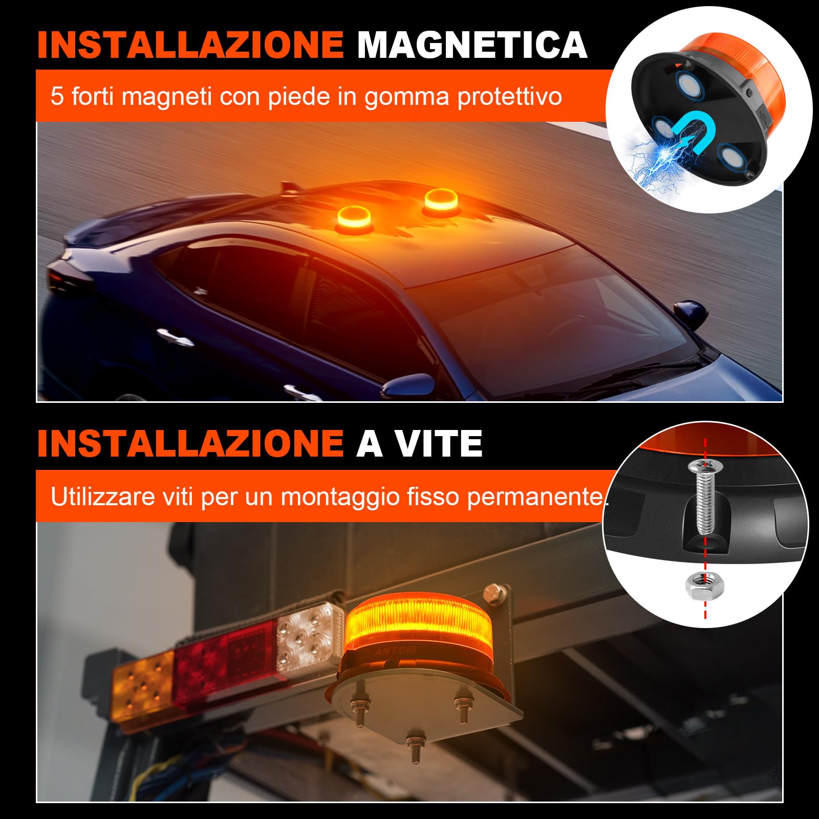 AnTom 2 pezzi Lampeggiante LED - 9 Modalità di Lampeggiamento, Lampeggiante Arancione LED con Magneti per Auto e Cavo USB per Camion, Trattori, SUV, Golf Car, Veicoli di Emergenza e Cantieri