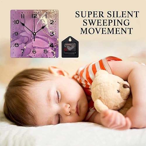 Miniatura 3 de Reloj de pared de madera púrpura y dorado con textura de purpurina de 15 pulgadas, reloj de pared de madera cuadrado clásico con números grandes,