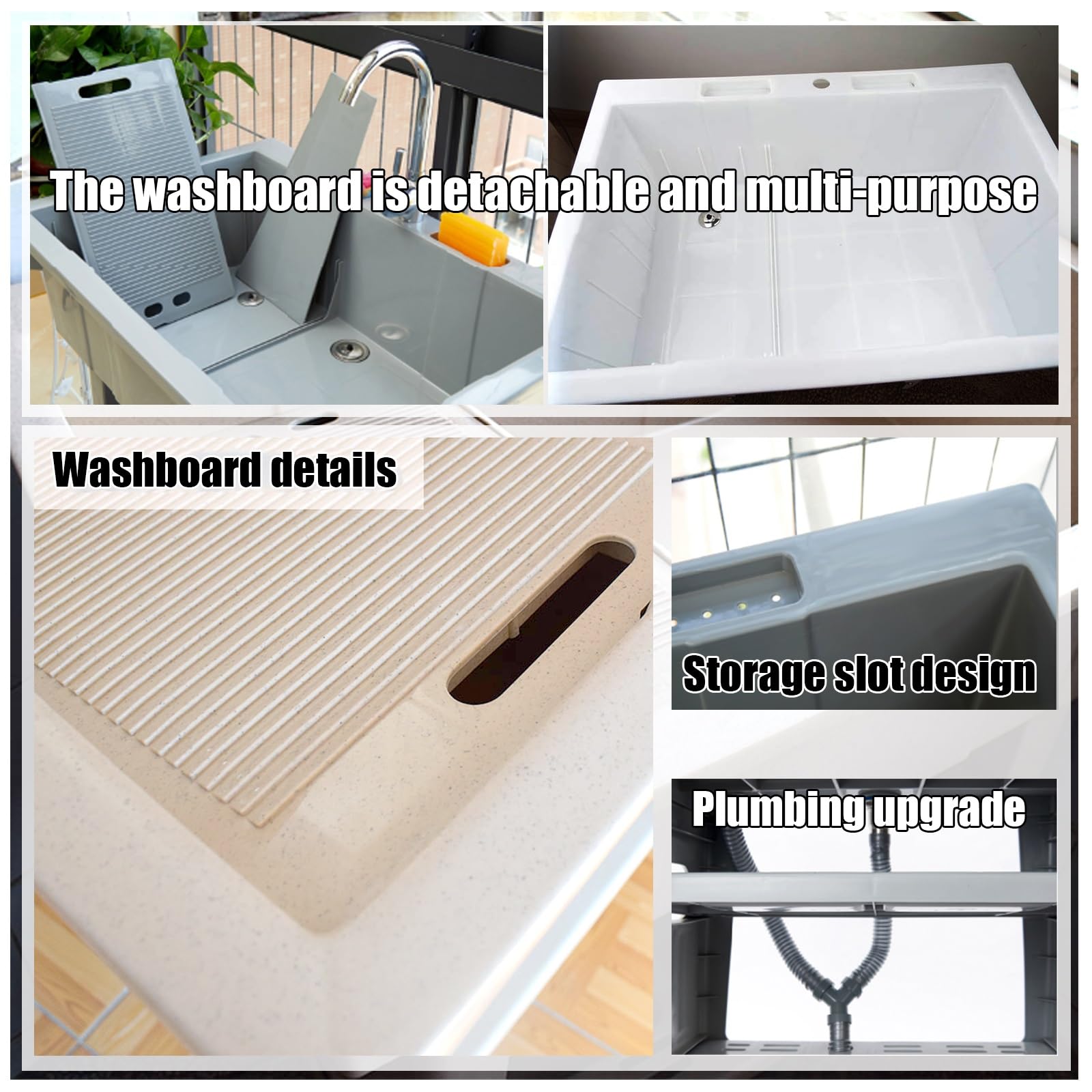 XBTGS Lavello in plastica con lavabo, autoportante per cucina, camper, garage, giardino, stazione di lavaggio a mano portatile per interni ed esterni, beige, caldo e freddo