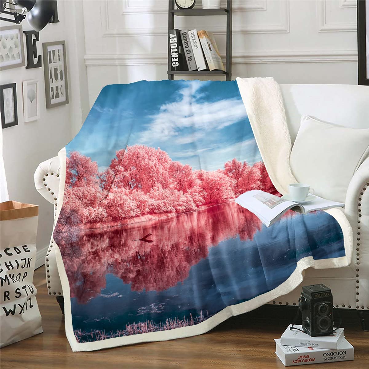 Tree Throw Blanket for Bed Sofa Natural Scenery Red Tree Plush Blanket Lake Ocean Warm Double 60x79 Inch