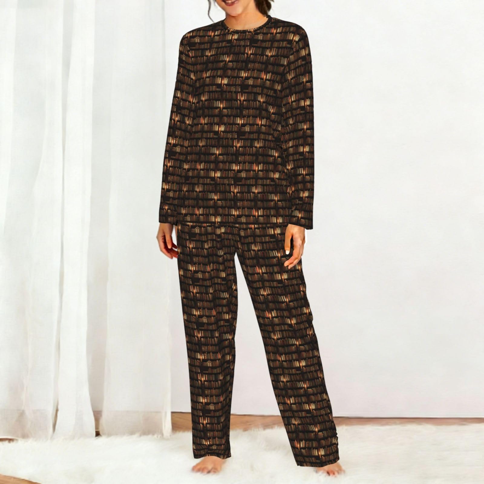 Book Room Biblioteca Stampa Donna Manica Lunga Set Pigiama Corrispondente Morbido Elastico Coulisse Casual Daywear