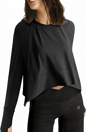 UEU Womens Crop Tops for Yoga Workout Athletic, Ice Cool Feeling Long Sleeves Shirts, Flowy Split Side Slit Oversized