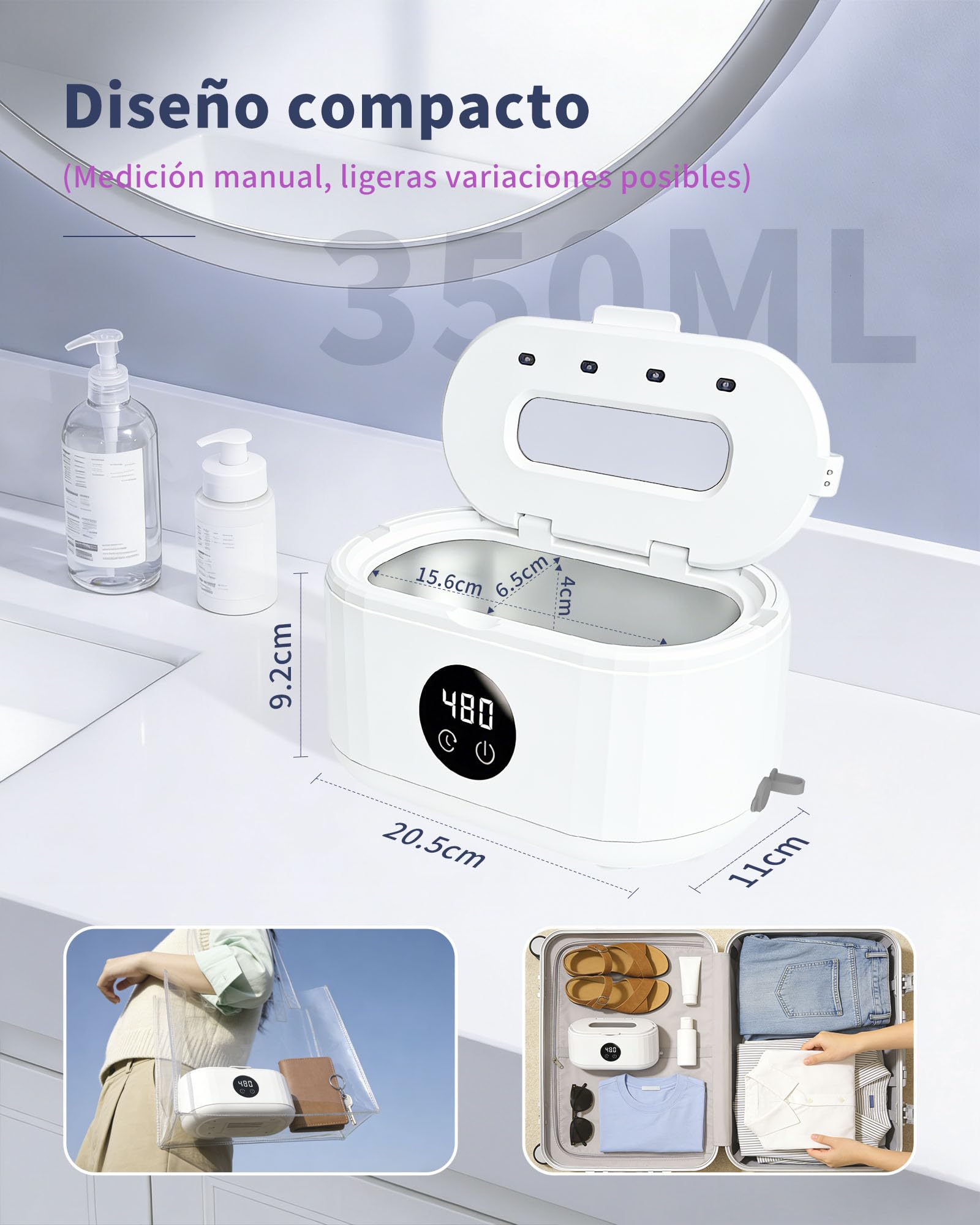 Pulitore ultrasuoni, pulitore ad ultrasuoni portatile con cinque impostazioni di tempo a LED UV ad alta frequenza 50KHz, ultrasonic cleaner da 350 ml, adatto per gioielli, occhiali, anelli e orologi