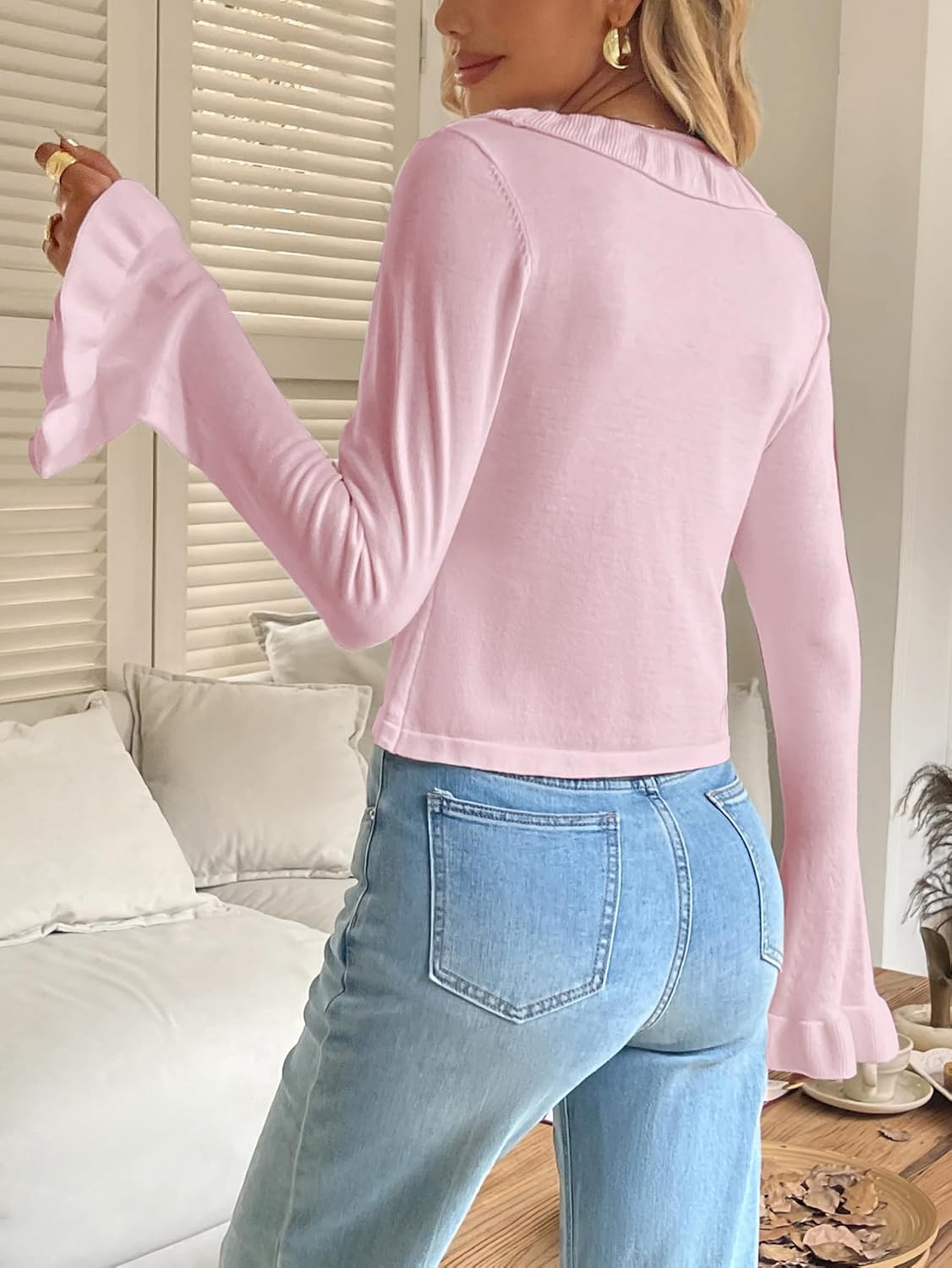 Women's V Neck Ruffle Bell Sleeve Sweater Tie Front Bow Cute Knitted Top Trendy Fall Spring Fashion Y2k Clothes