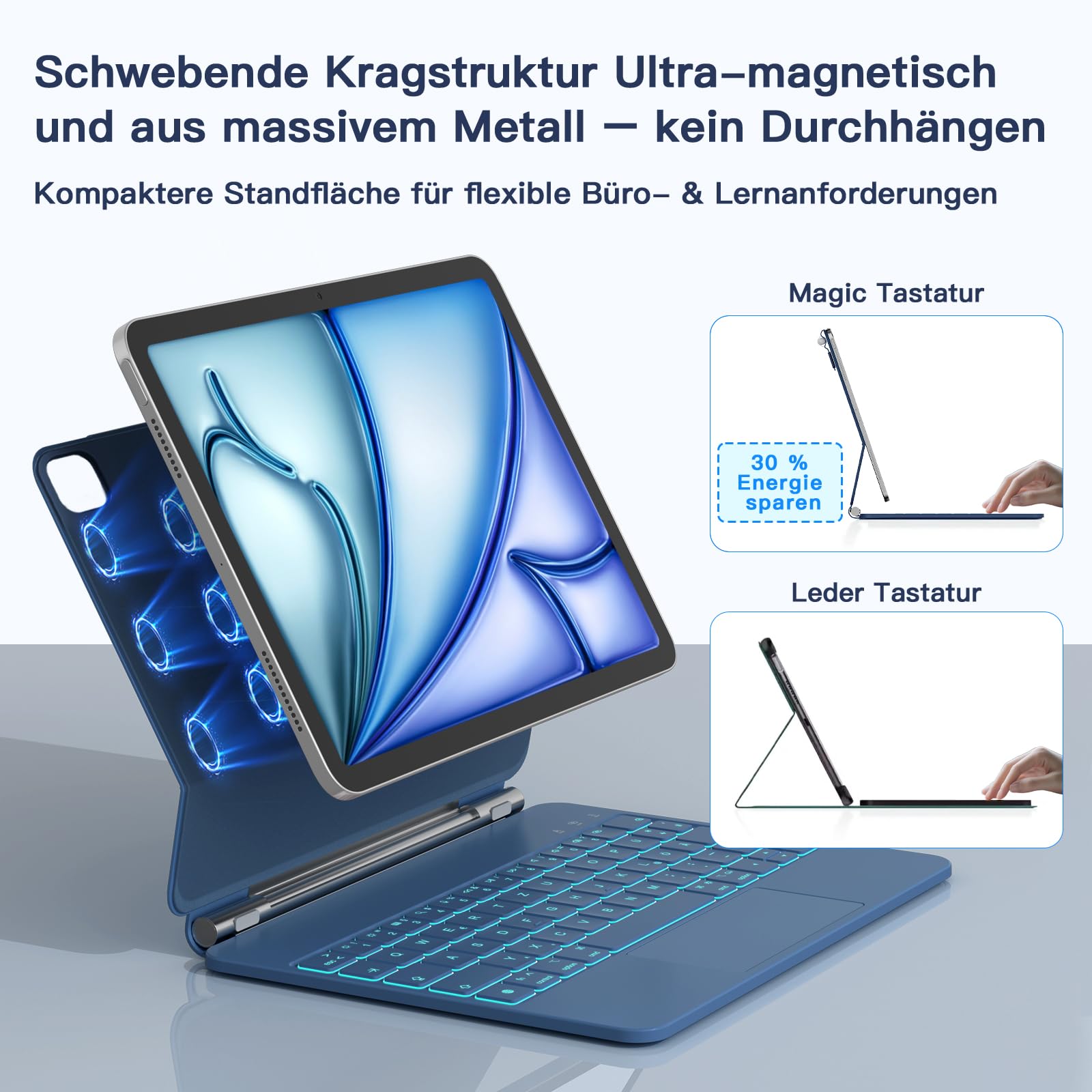 RAYMCRAFT für iPad Air 11 Zoll (M4/M3/M2) & iPad Pro 11 Zoll (4./3./2./1. Gen.) Hülle mit Tastatur, Magic Keyboard für iPad Air 5./4. Gen, 11-Farbig Beleuchtung, Smart Trackpad, Stifthalter, Stahlblau