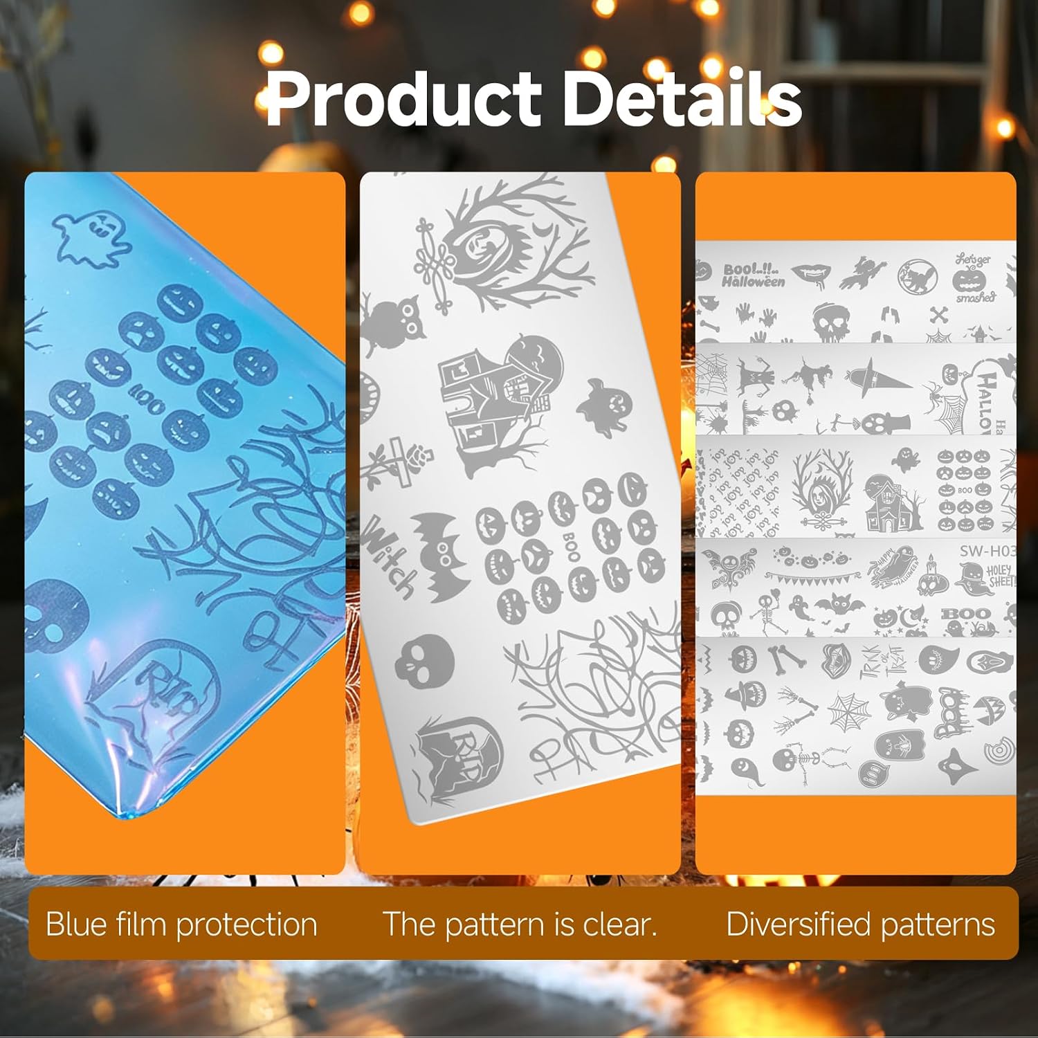 Halloween Nail Art Stamping Plates Set - 6pcs Stainless Steel Templates, Silicone Stamper, Scraper & Decals for DIY Manicure Salon - Skull, Spiderweb, Pumpkin, Ghost Design