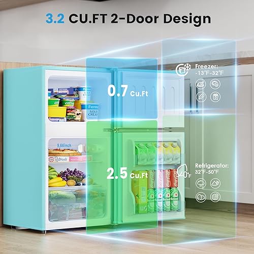 Miniatura 3 de Mini refrigerador retro con congelador mini refrigerador de 3.2 pies cúbicos con 2 puertas, refrigerador pequeño compacto de ahorro de energía,