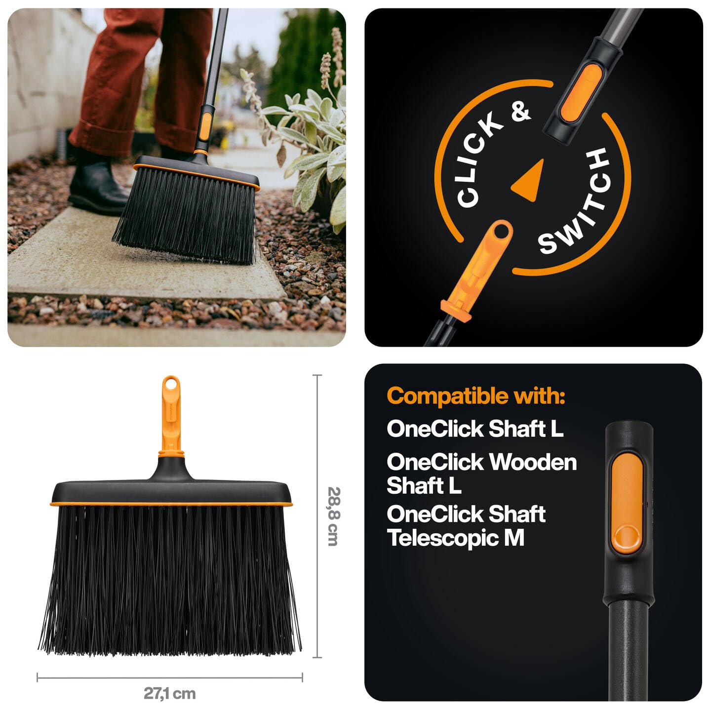 Fiskars OneClick Scopa, Robusta Testina per Sporco Grossolano e Foglie, Sostituzione Facile con un Solo Clic, Setole più Lunghe, Nero/Arancione, 1080699
